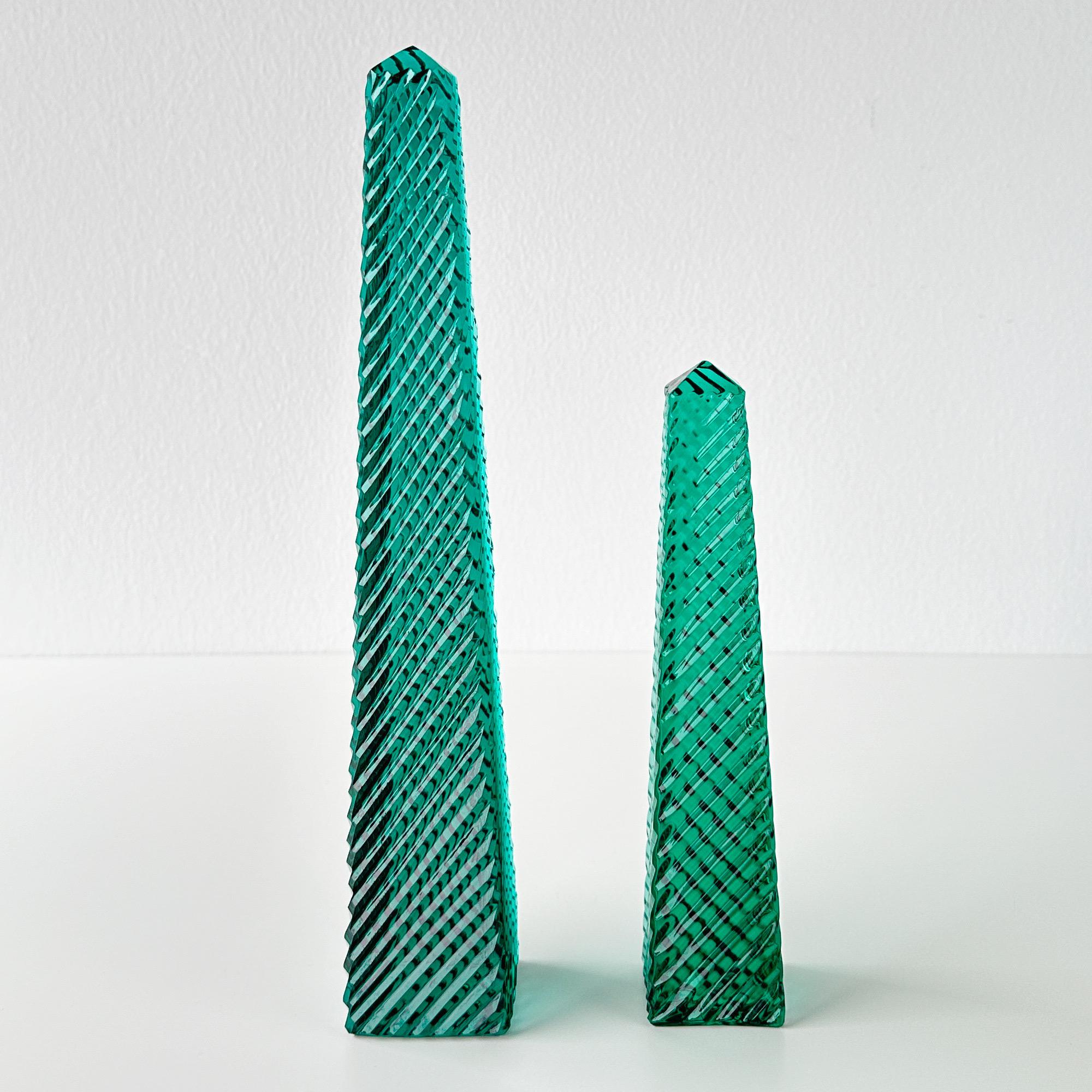20th Century Emerald Green Cut Crystal Obelisk Pair For Sale 1