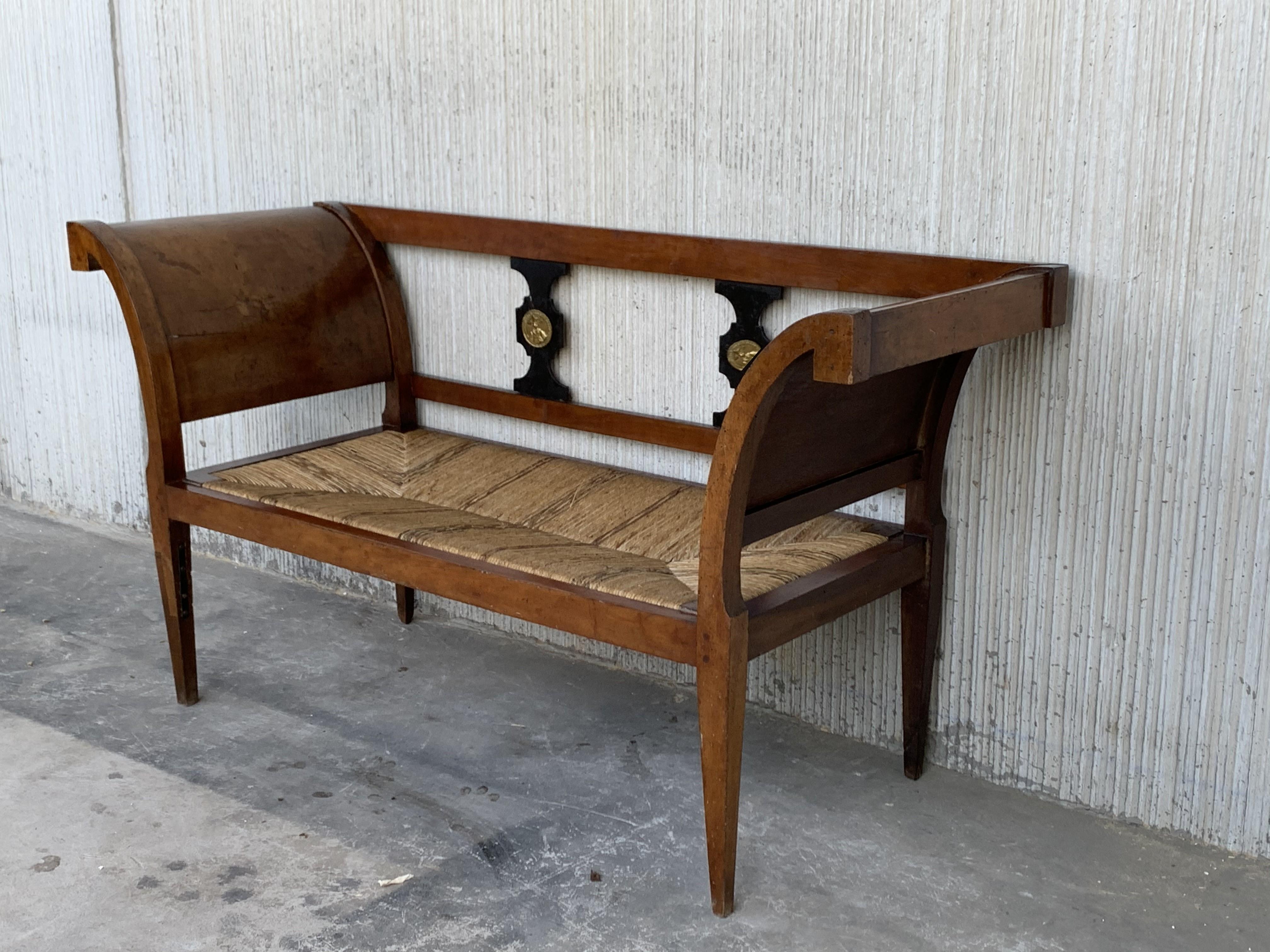 Empire Revival 20th Century Empire Bench in Walnut with Ebonized Details and Caned Seat