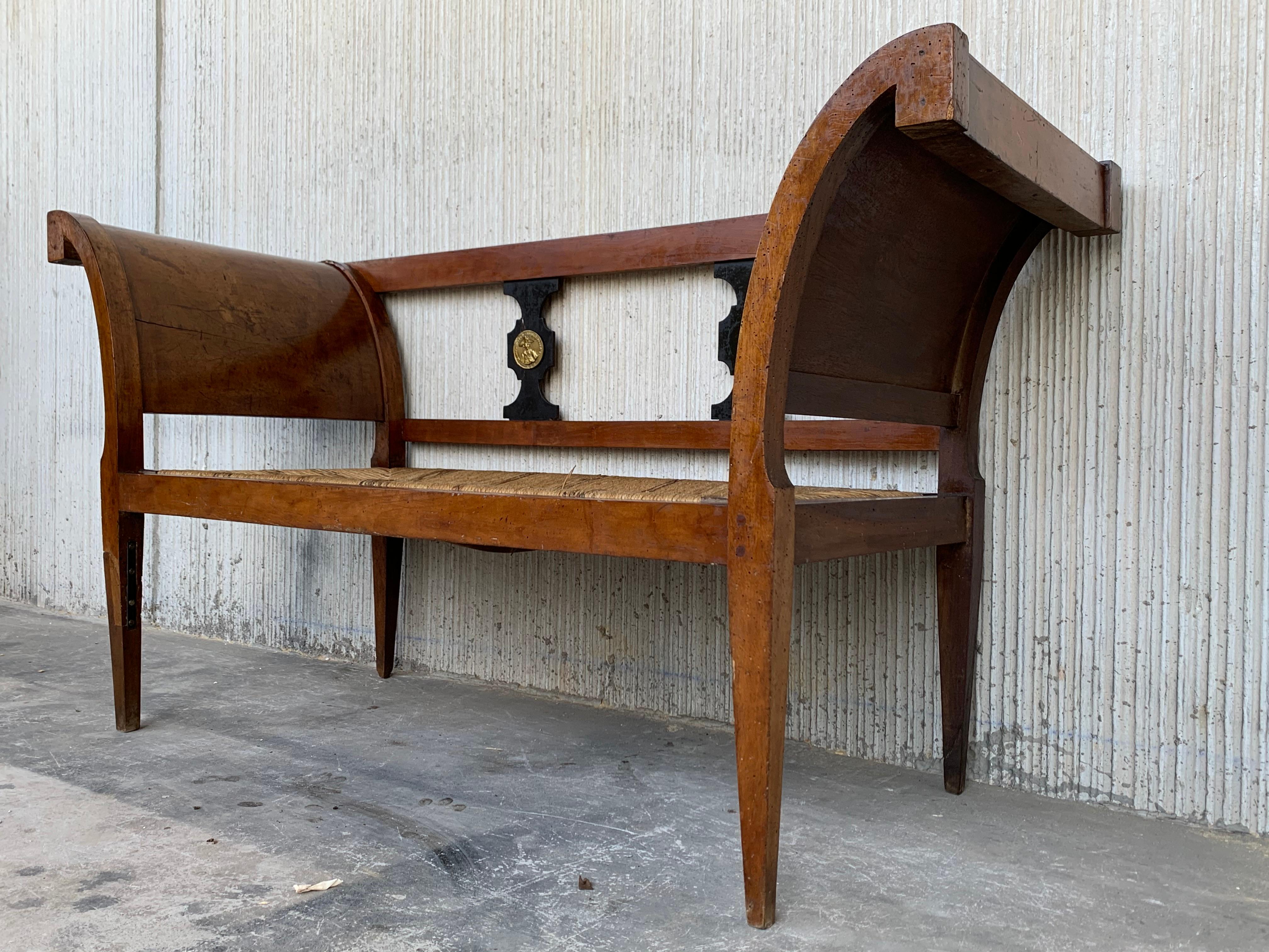 20th Century Empire Bench in Walnut with Ebonized Details and Caned Seat 3