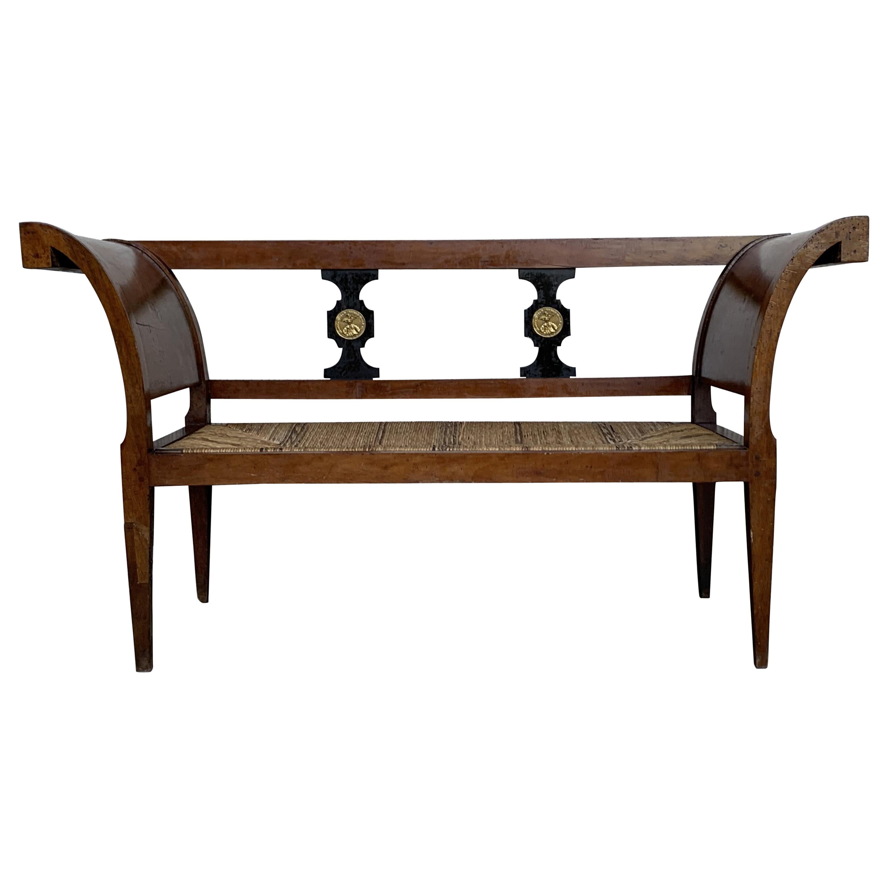 20th Century Empire Bench in Walnut with Ebonized Details and Caned Seat