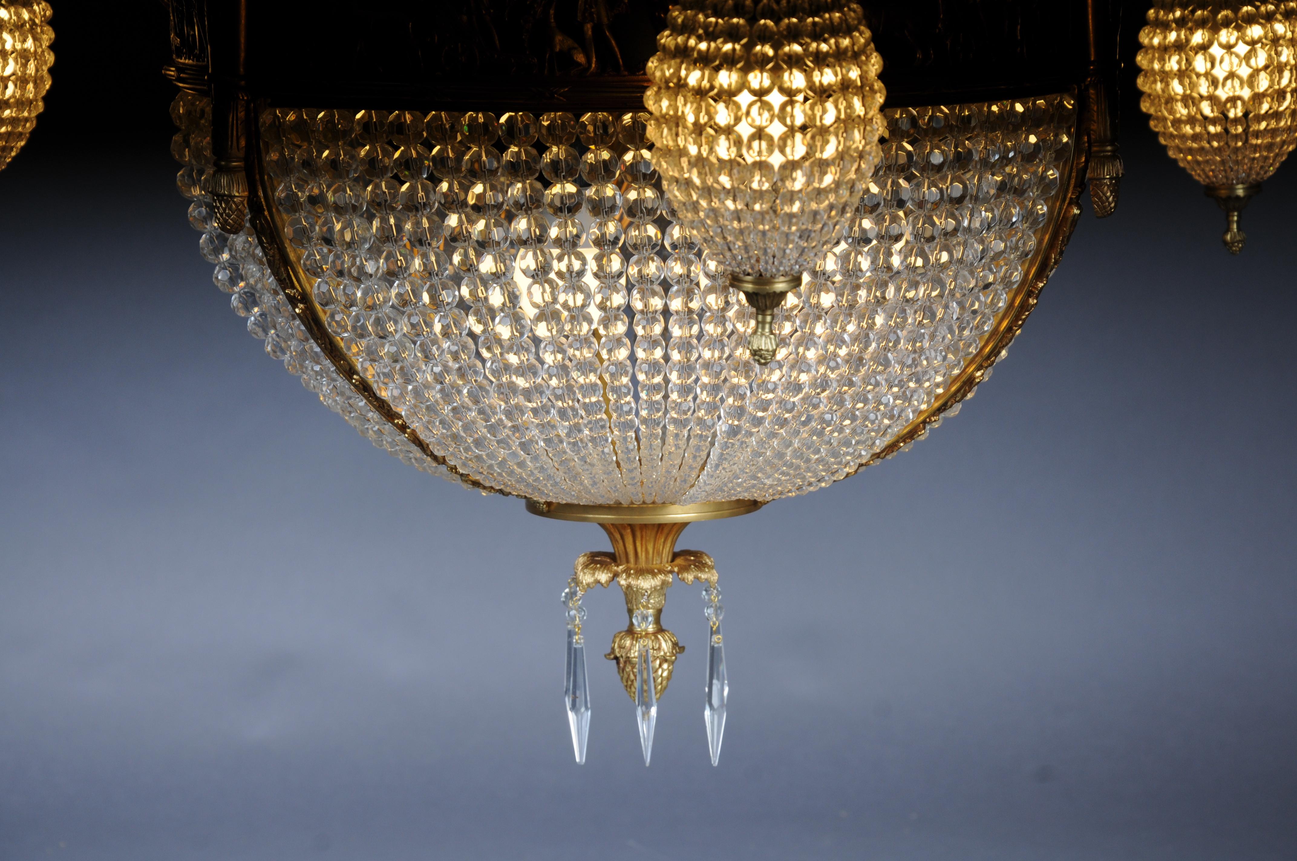 Lampadario Impero del XX secolo, bronzo dorato a fuoco con cristalli a prisma a sfera, Parigi in vendita 1