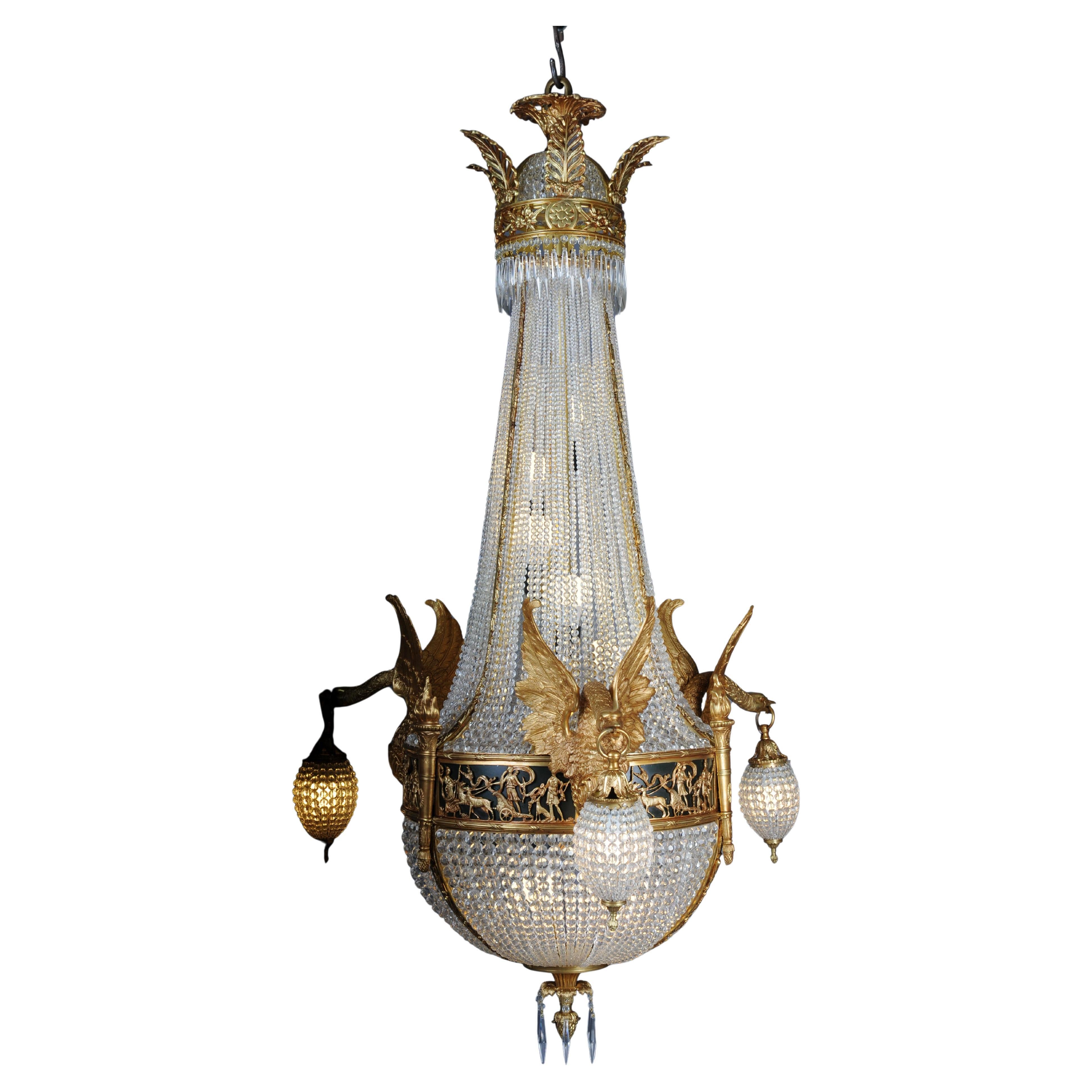 Araña Imperio del siglo XX, bronce dorado al fuego con cristales de prisma de bola, París