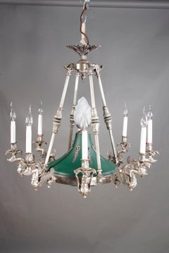 20th Century  antique Empire style Chandelier with 8 Silver Swans brass
