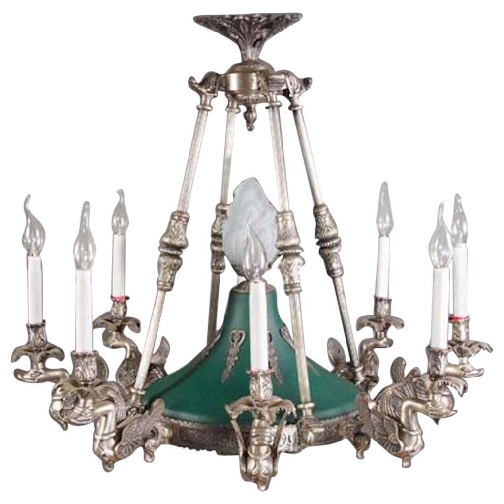 20th Century  antique Empire style Chandelier with 8 Silver Swans brass 
