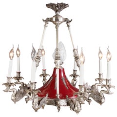 20th Century antique Empire style Chandelier with 8 Swan Arms Silver Body Is Red