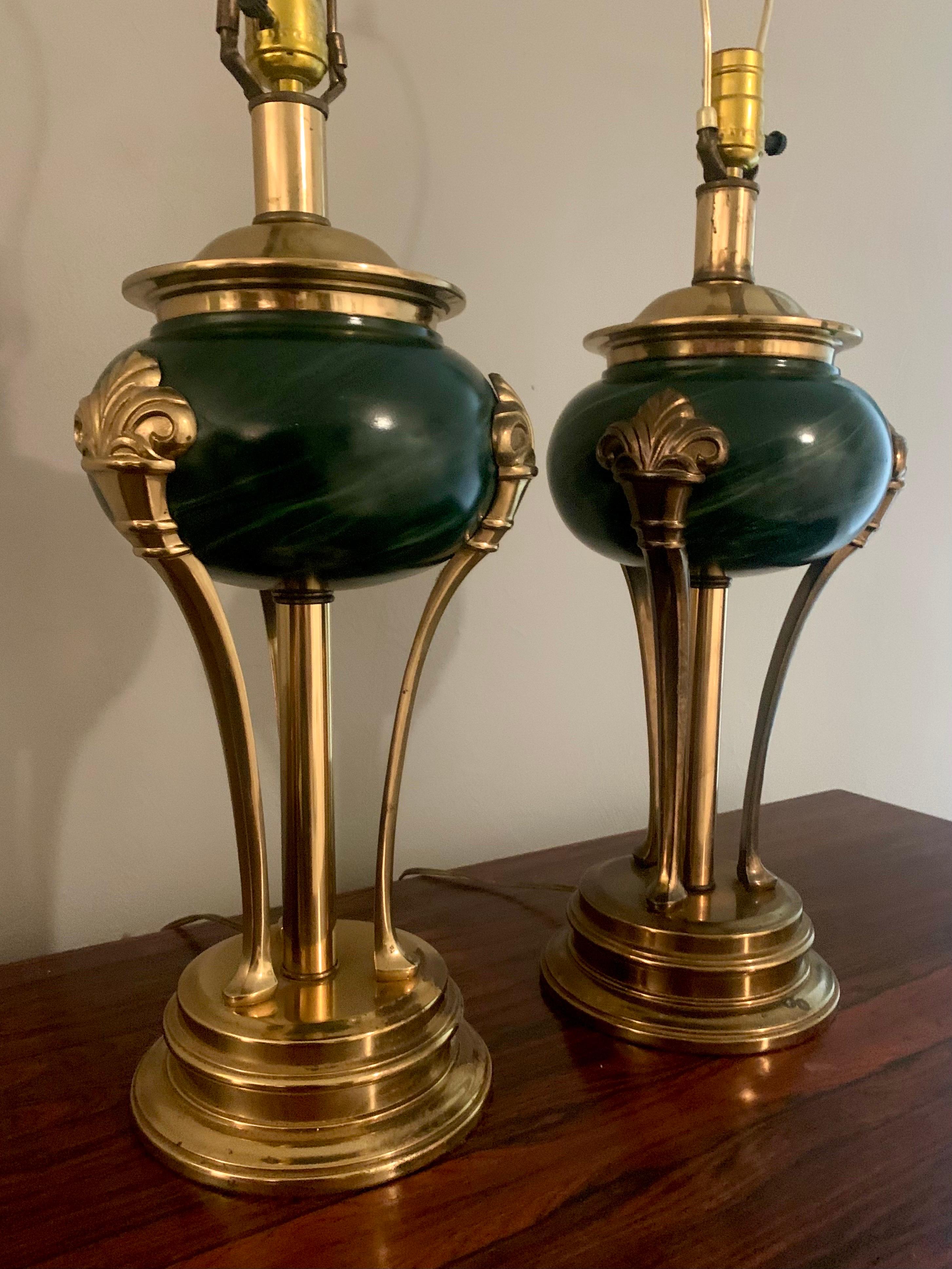 Neoclassical Revival 20th Century Empire Neoclassical Style Table Lamps in Green Stone and Brass For Sale