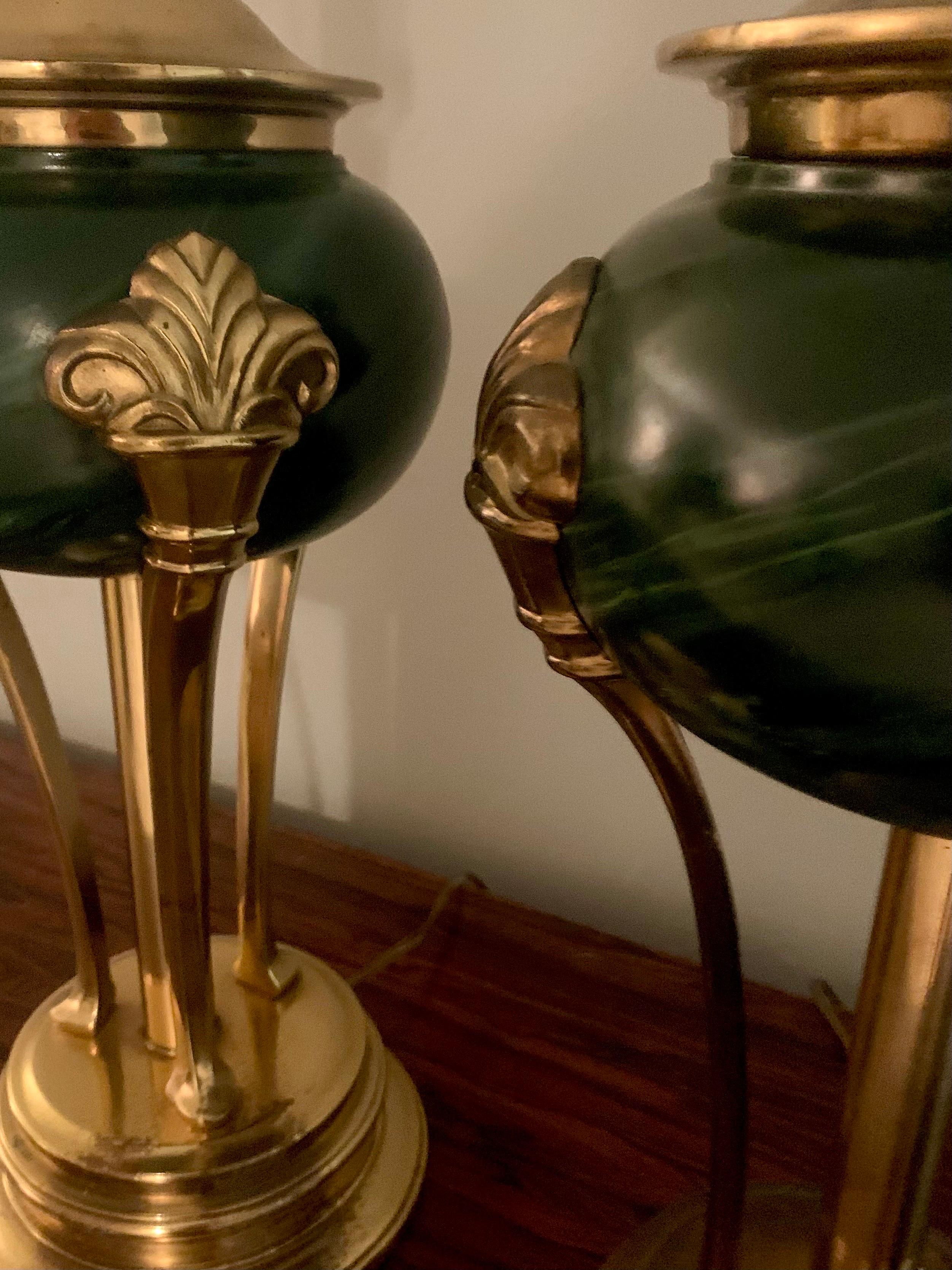 20th Century Empire Neoclassical Style Table Lamps in Green Stone and Brass In Good Condition For Sale In Boynton Beach, FL