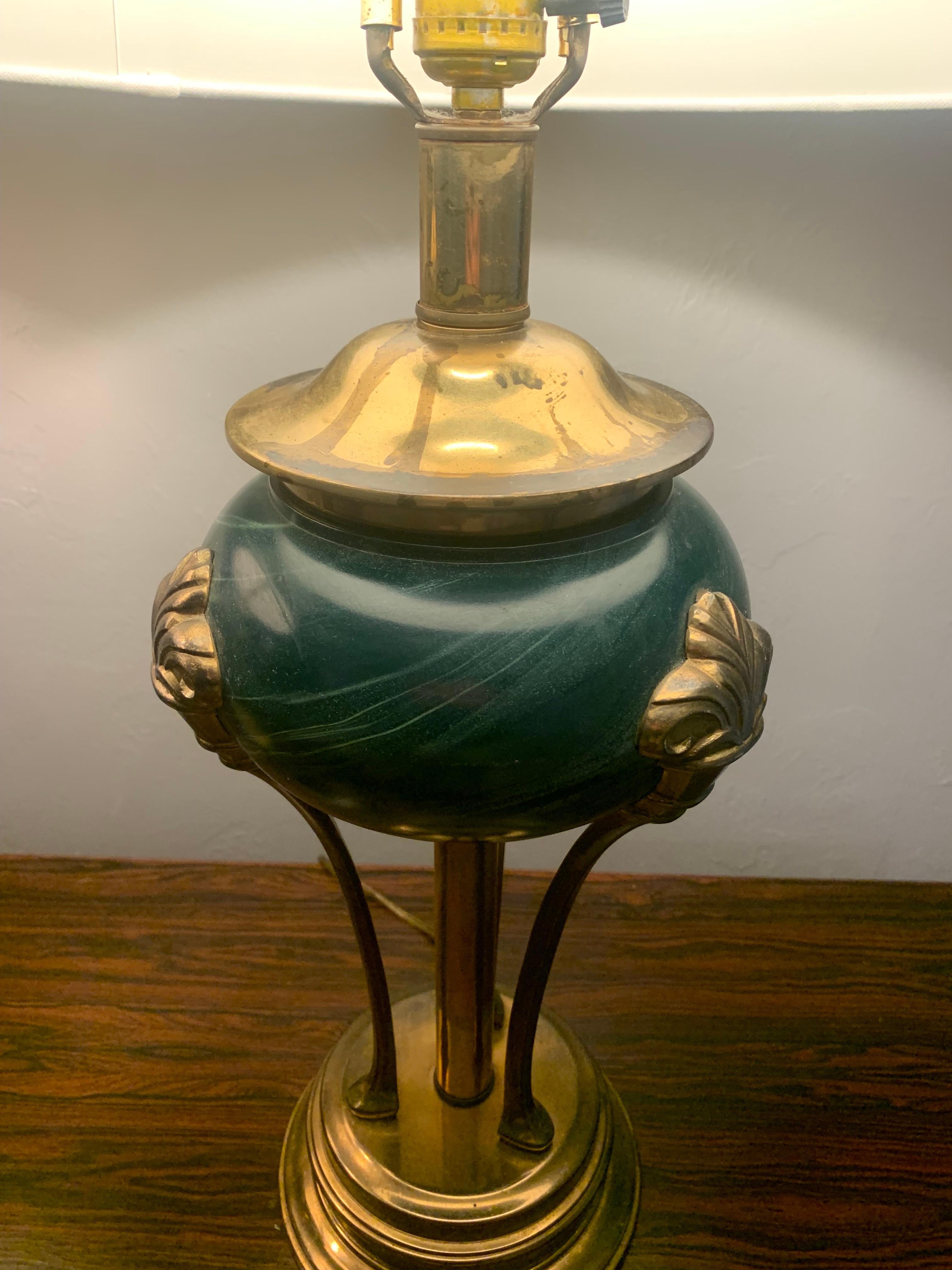 20th Century Empire Neoclassical Style Table Lamps in Green Stone and Brass For Sale 1