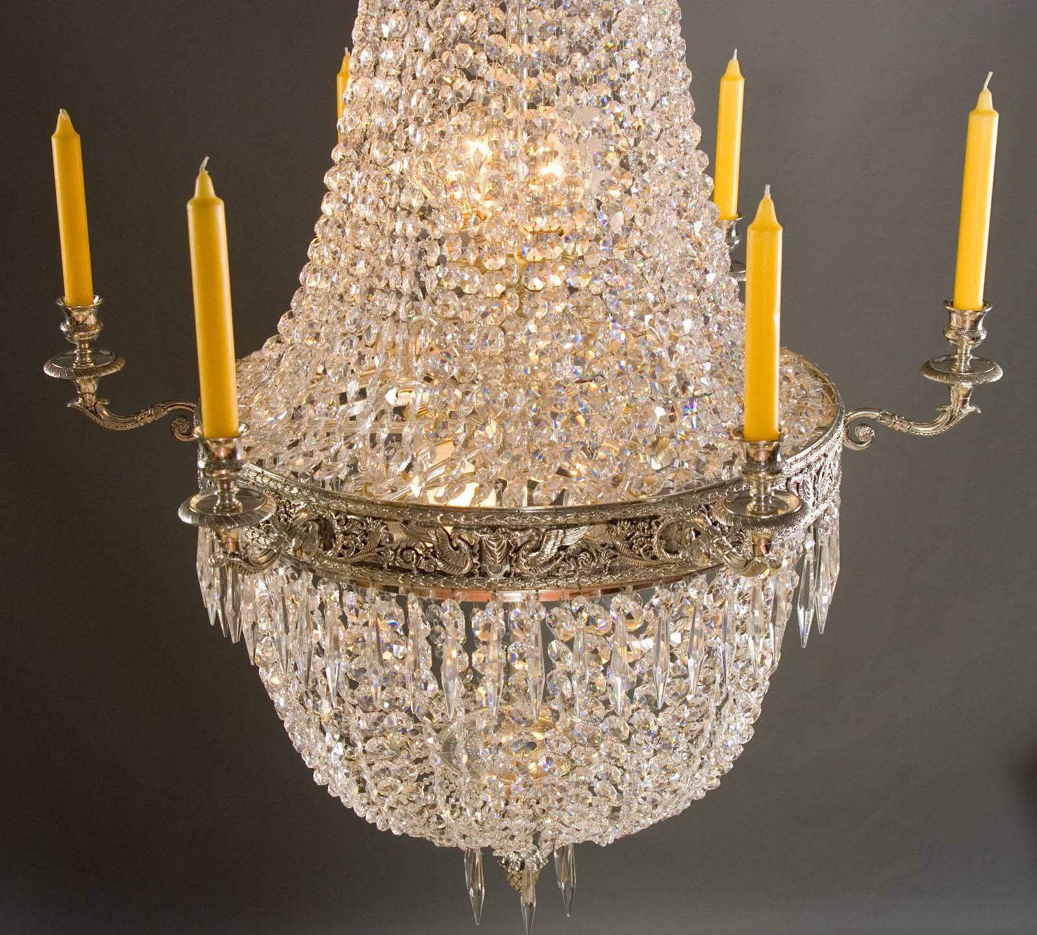 Silvered 20th Century Empire Style Basket Chandelier For Sale