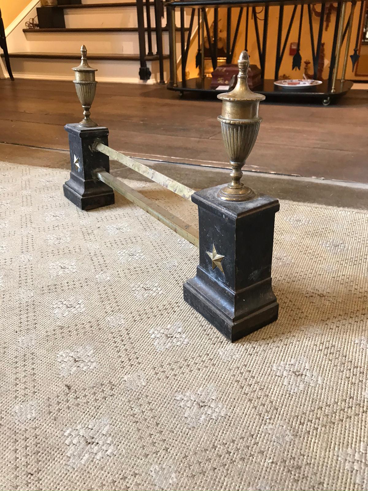 20th Century Empire Style Brass Fireplace Fender with Urn Finial and Star Detail 1