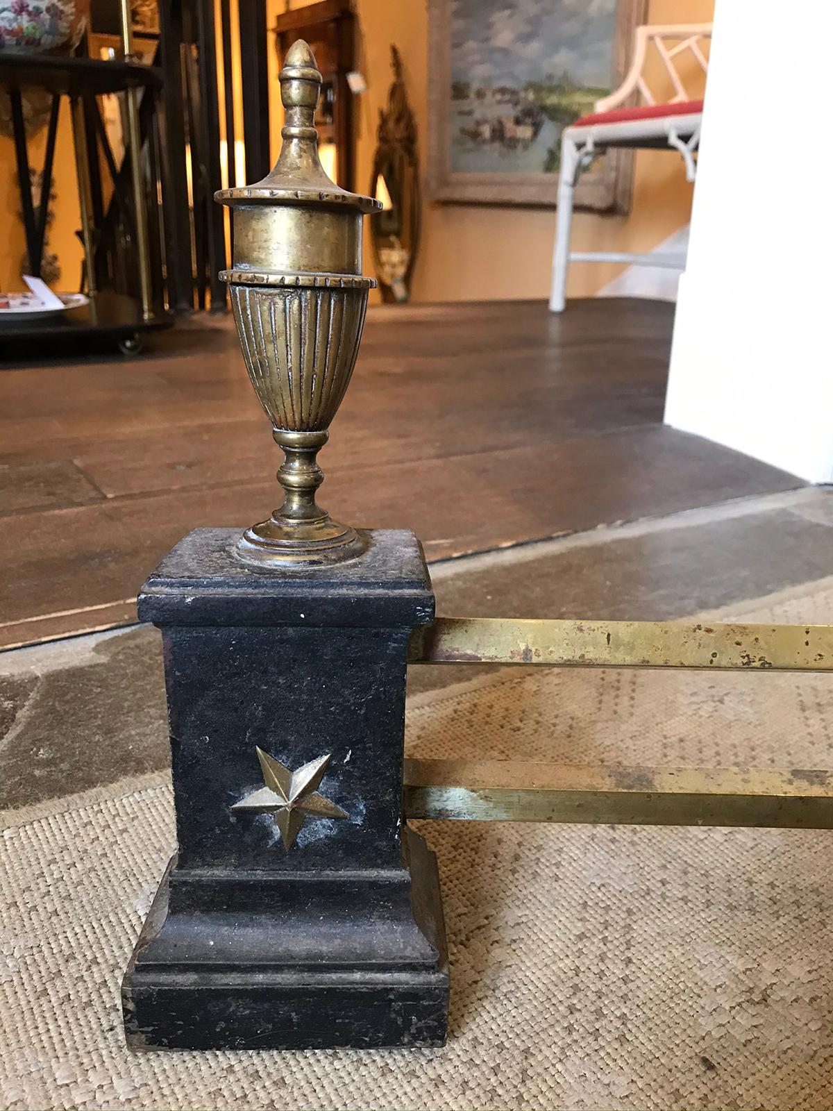20th Century Empire Style Brass Fireplace Fender with Urn Finial and Star Detail 2