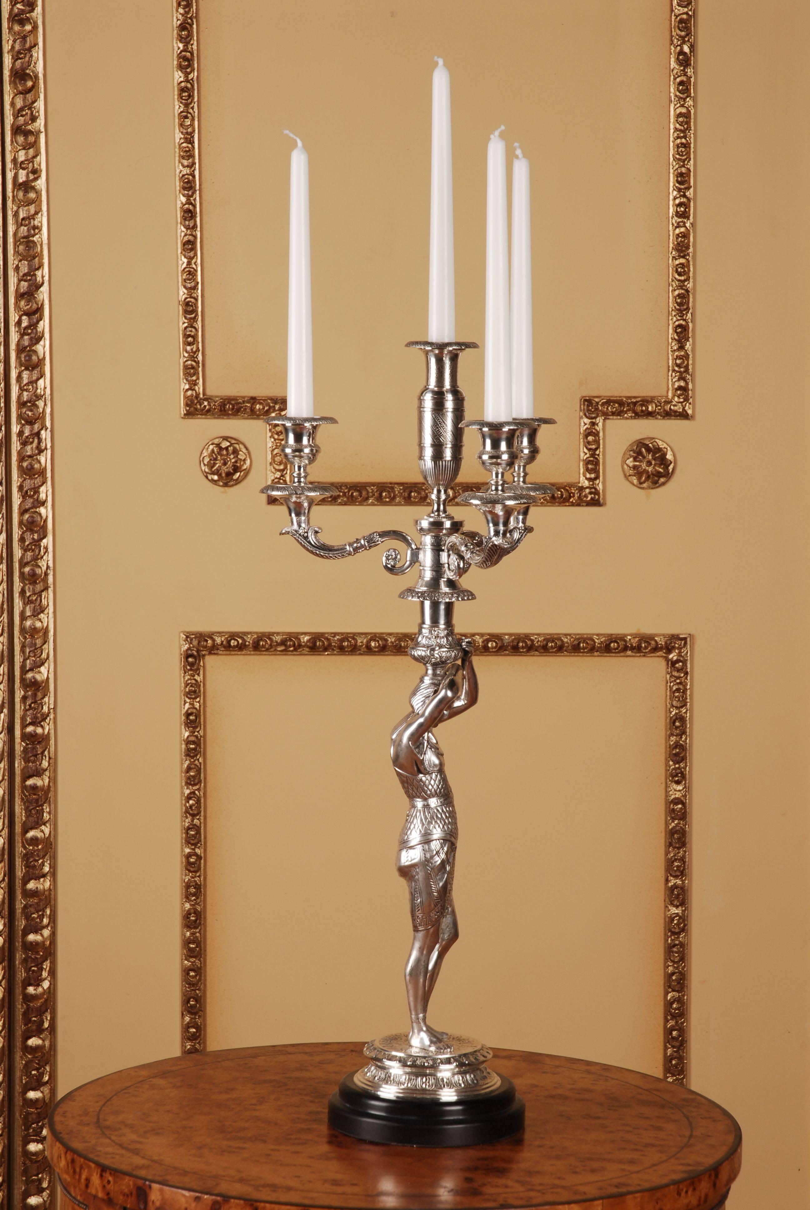 Engraved 20th Century Empire Style Bronze Figure-Formed Candelabra For Sale