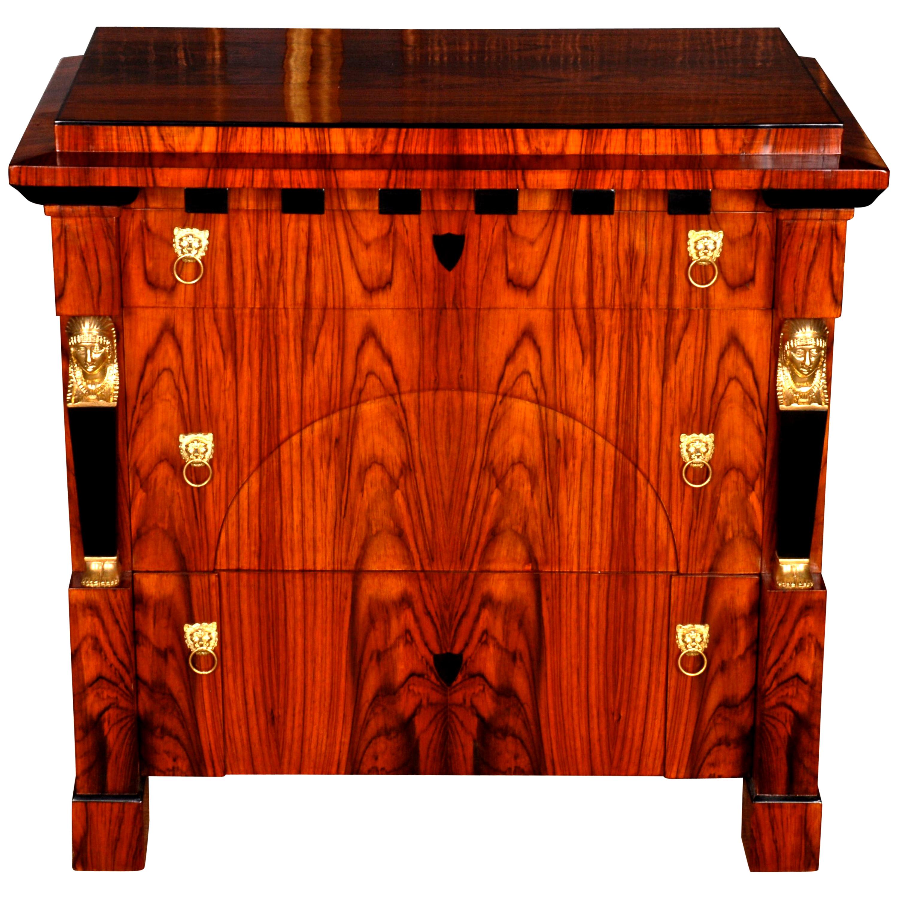 20th Century Empire Style Caryatide Tulip Veneer Commode For Sale