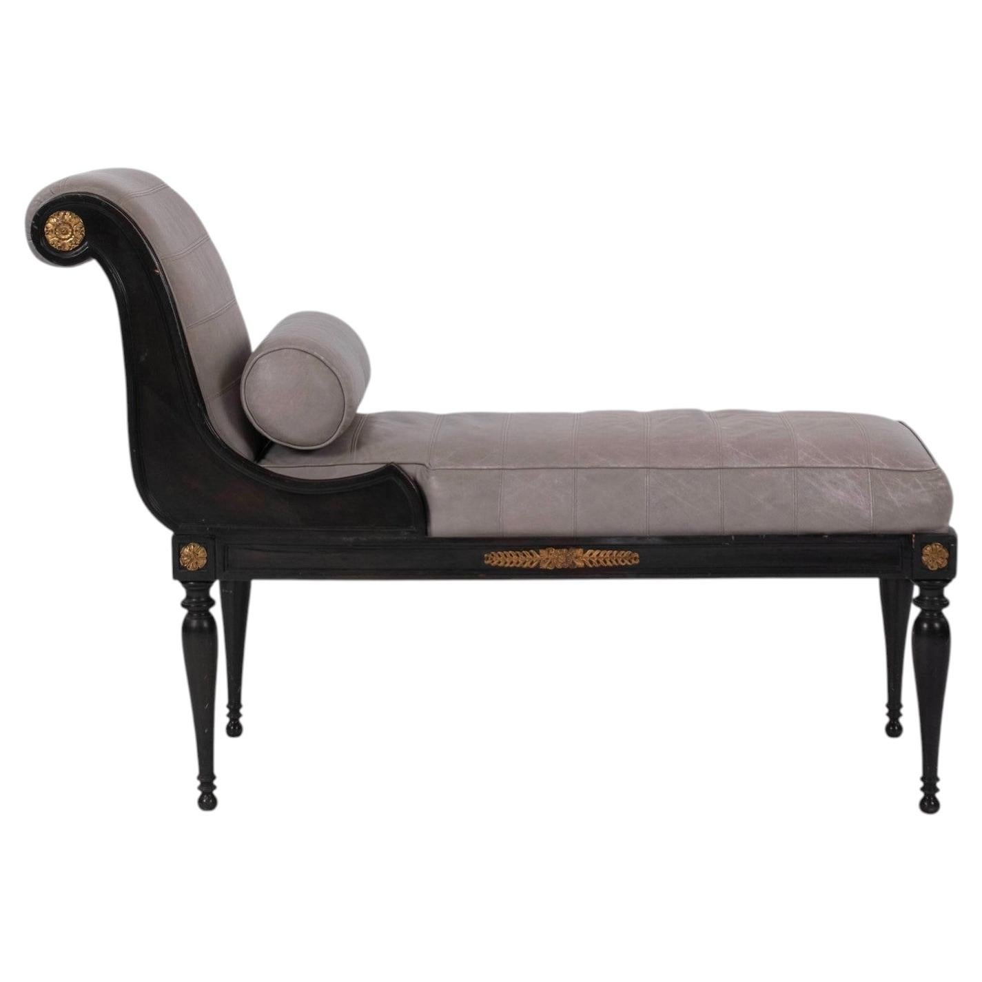 20th Century Empire Style Ebonized Gray Leather Chaise Lounge For Sale