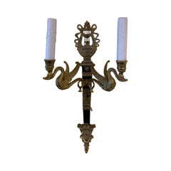 20th Century Empire Style Gilt Bronze Two-Light Sconce with Swan Motif