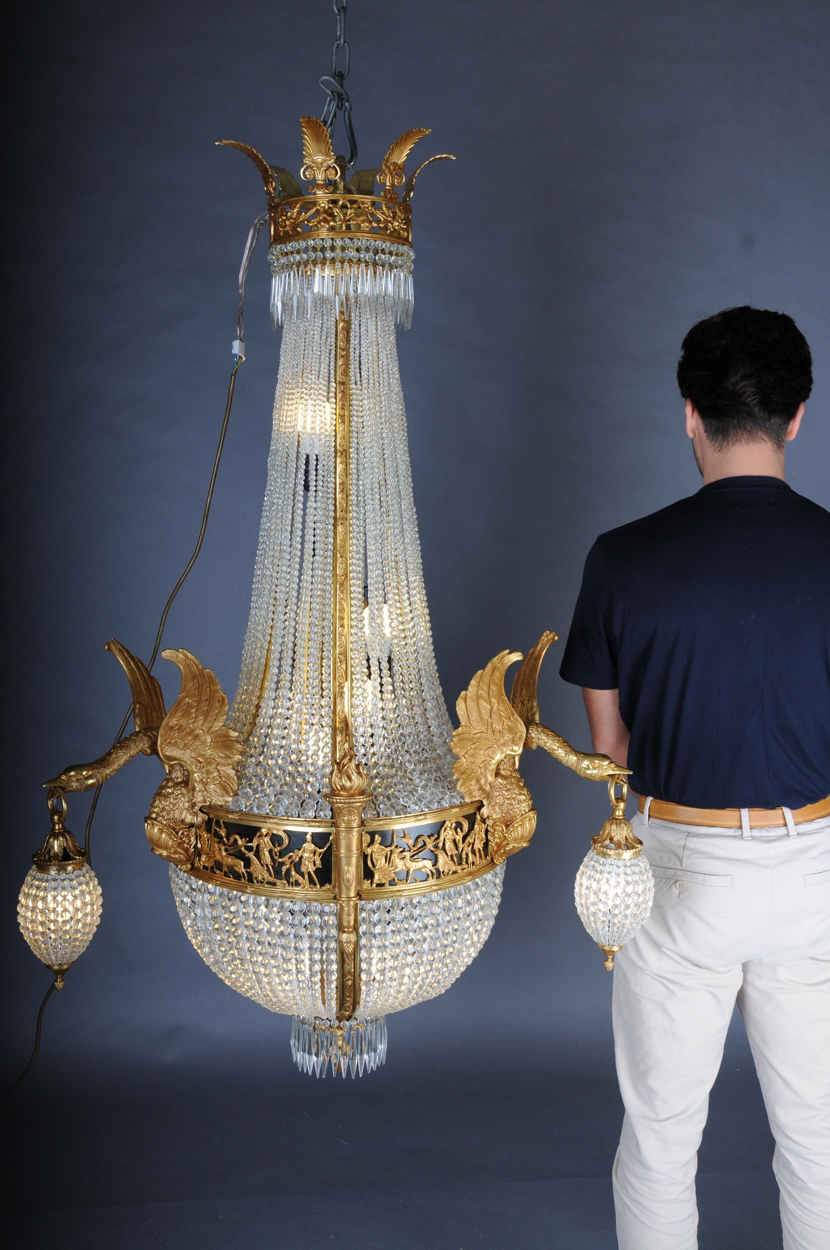 Cisne-velador Imperio del siglo XX, bronce dorado al fuego con cristales de prisma de bola en venta 13