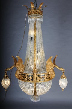 20th Century Empire Swan-Chandelier, fire-gilt bronze with ball prism crystals
