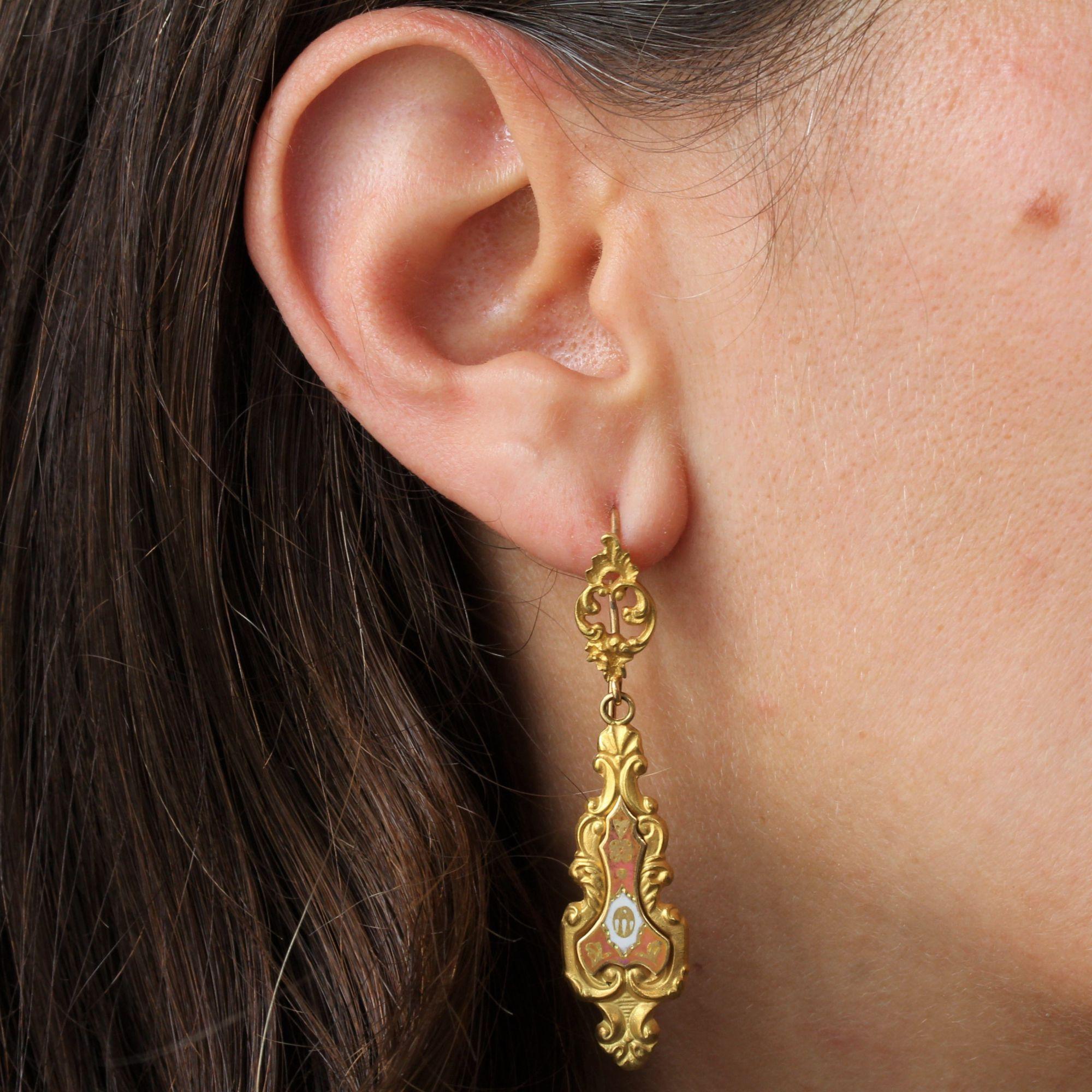 Belle Époque 20th Century Enamel 18 Karat Yellow Gold Dangle Earrings For Sale