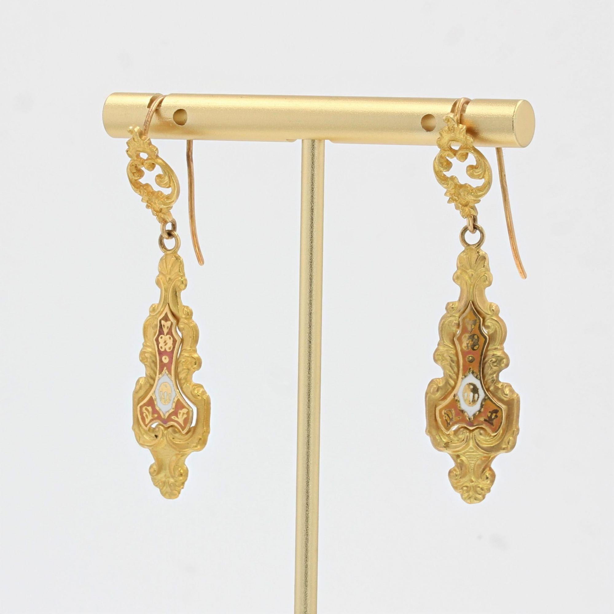 20th Century Enamel 18 Karat Yellow Gold Dangle Earrings In Good Condition For Sale In Poitiers, FR
