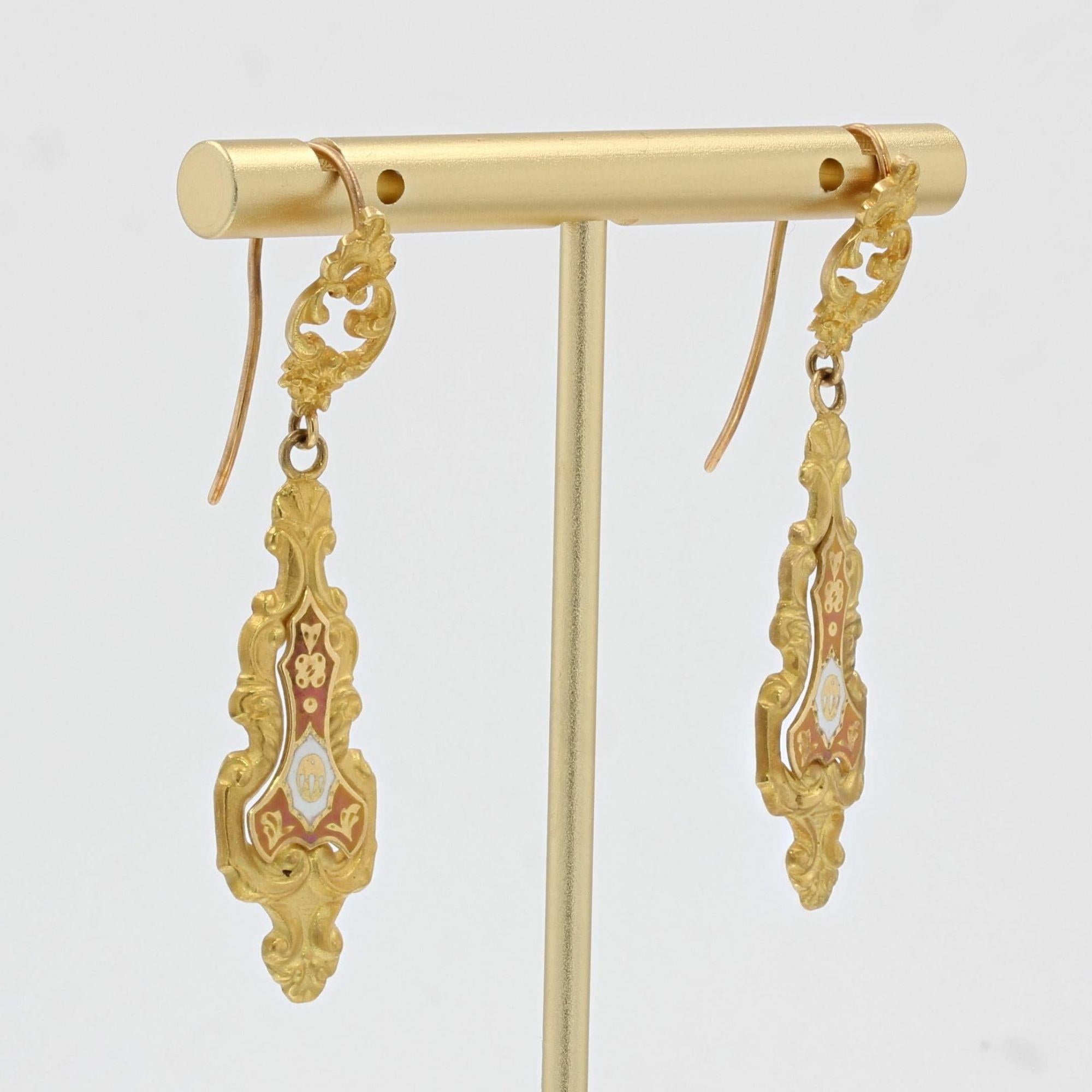 20th Century Enamel 18 Karat Yellow Gold Dangle Earrings For Sale 1