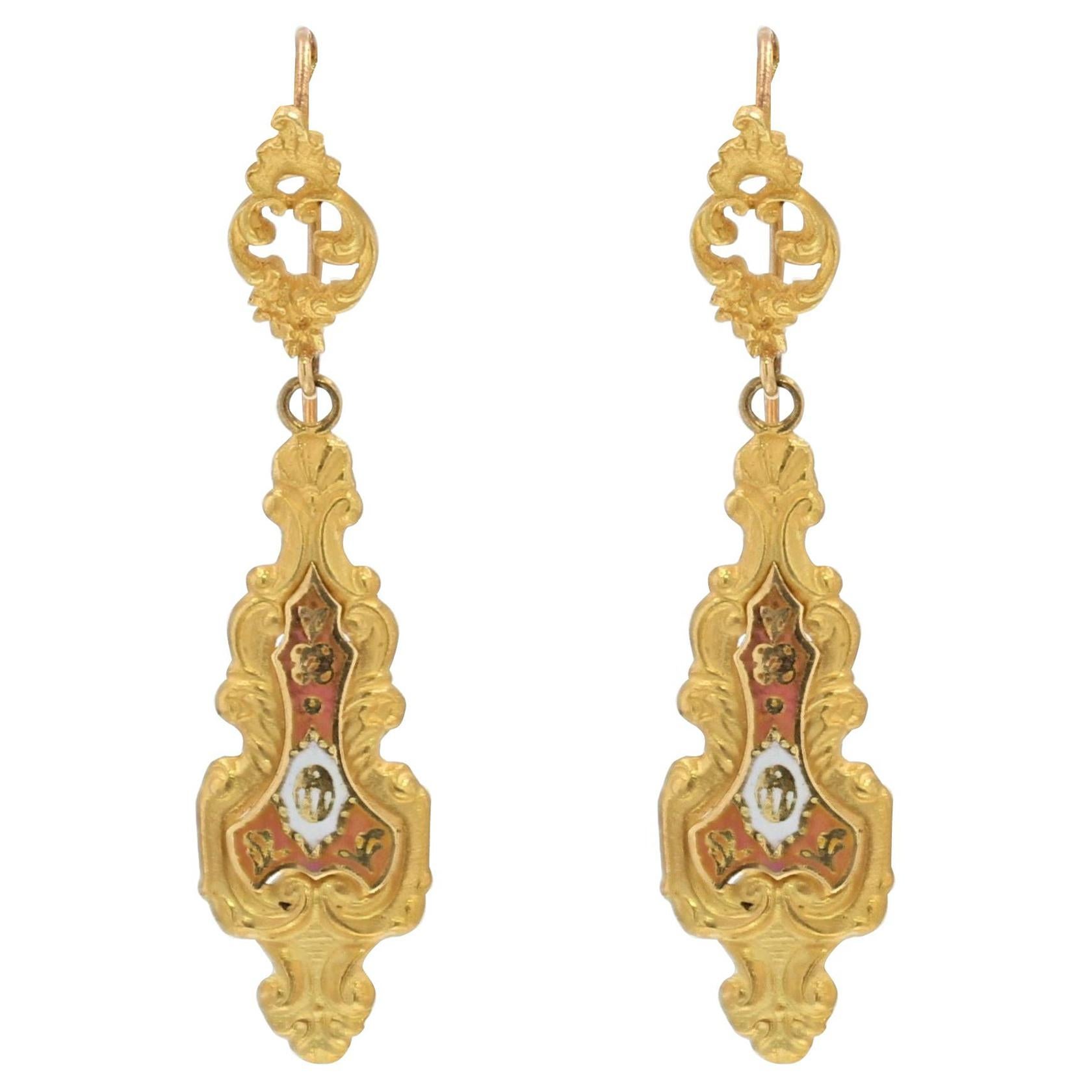 20th Century Enamel 18 Karat Yellow Gold Dangle Earrings For Sale