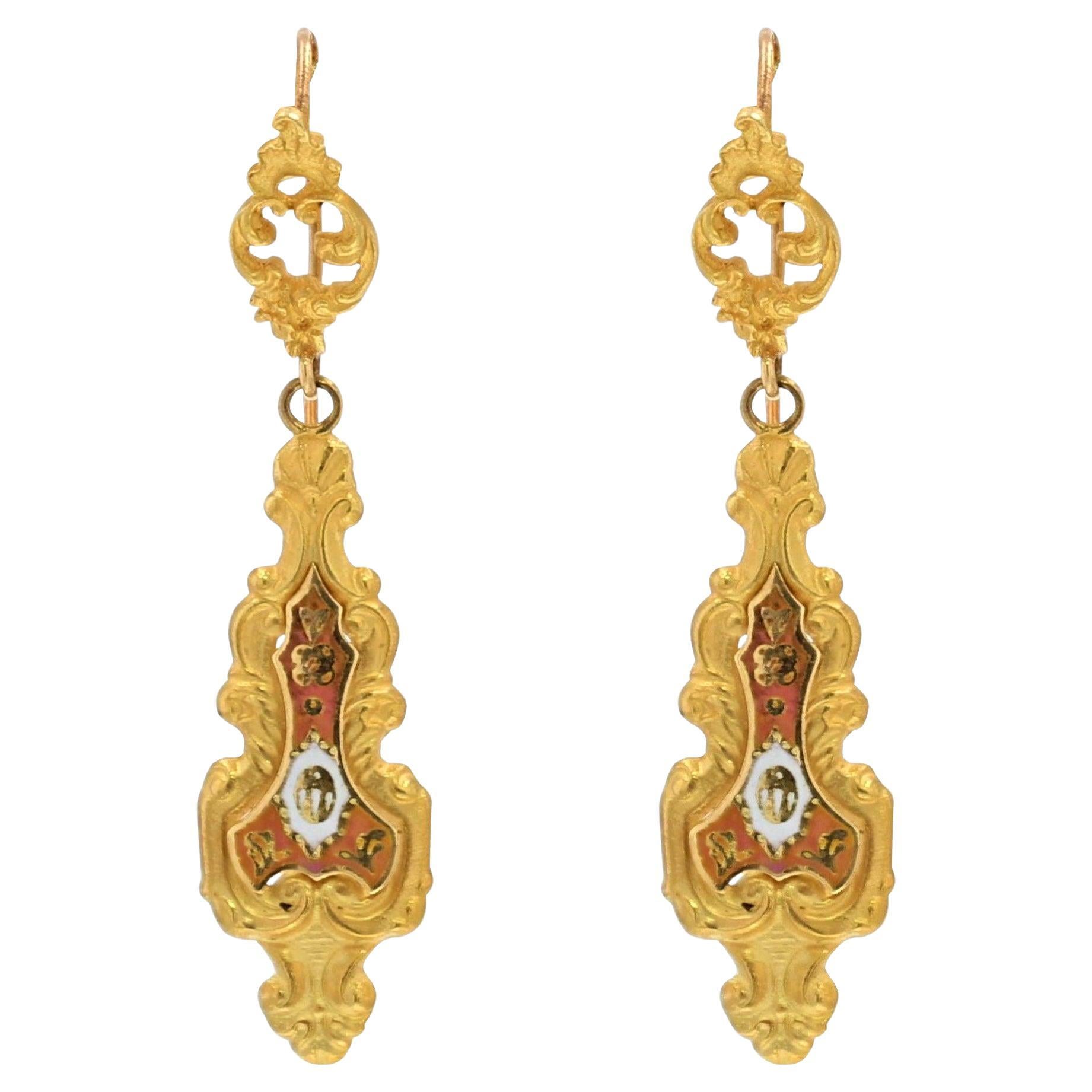 20th Century Enamel 18 Karat Yellow Gold Dangle Earrings