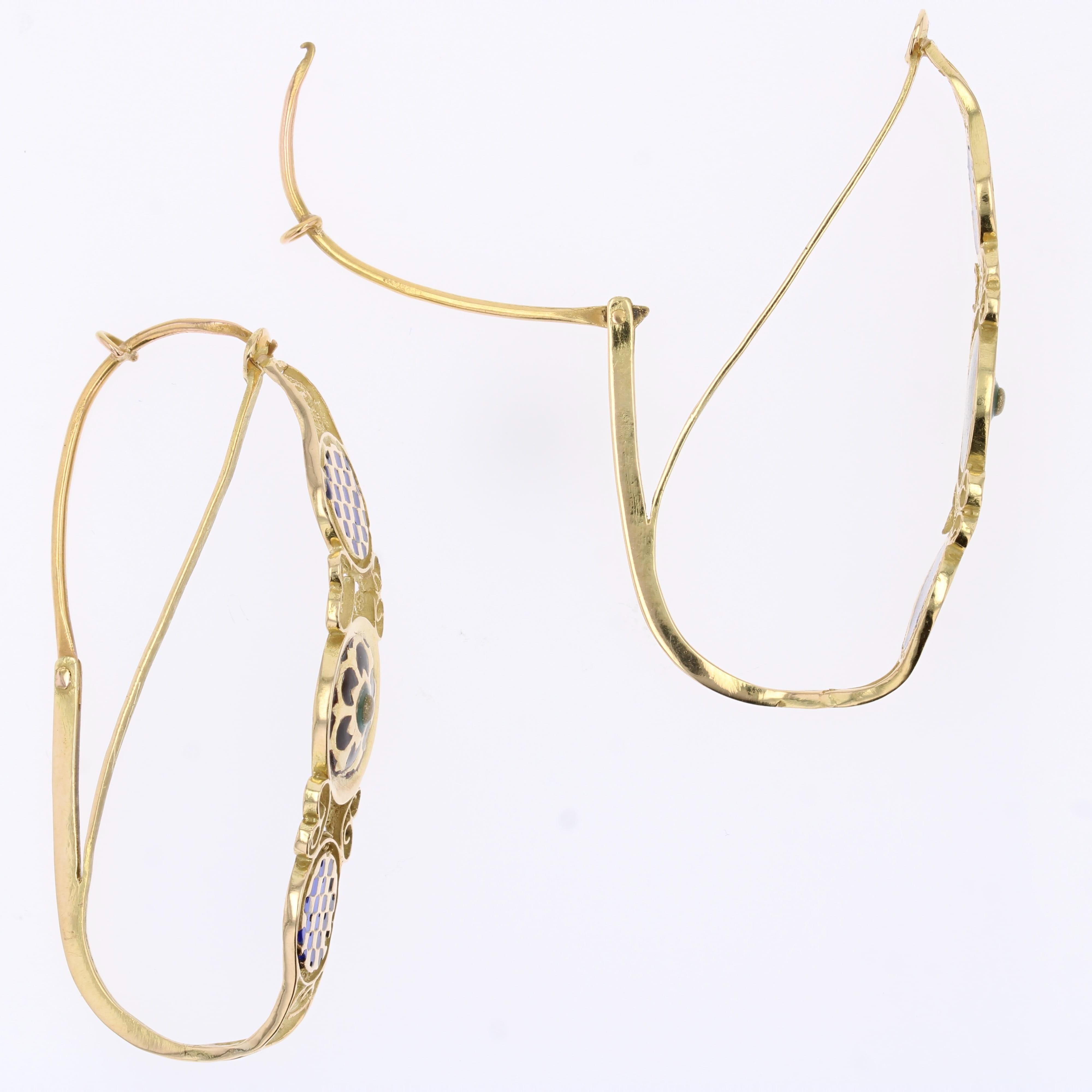 20th Century Enamel 18 Karat Yellow Gold Poissardes Hoop Earrings im Angebot 5