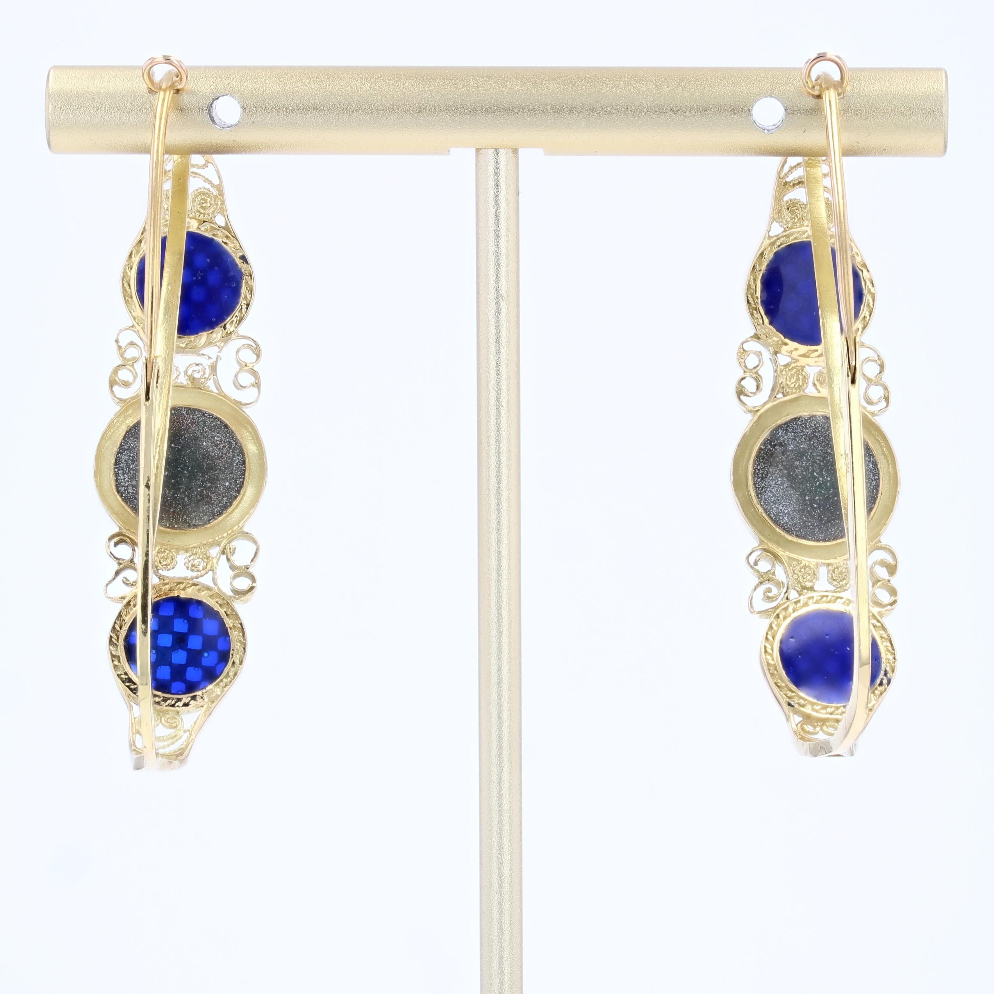 20th Century Enamel 18 Karat Yellow Gold Poissardes Hoop Earrings im Angebot 6