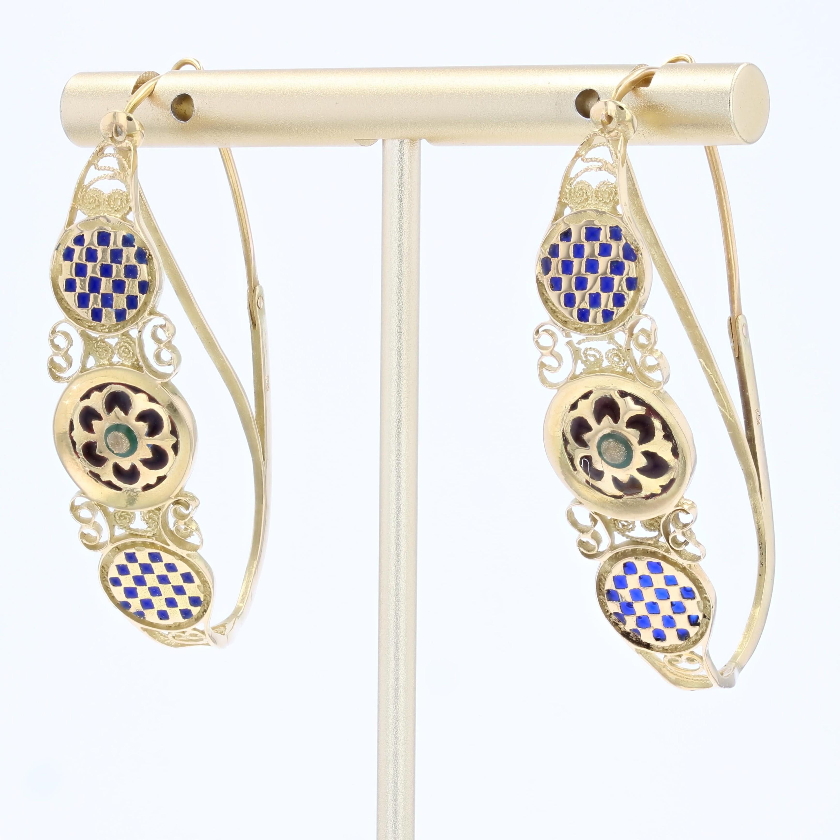 20th Century Enamel 18 Karat Yellow Gold Poissardes Hoop Earrings im Zustand „Gut“ im Angebot in Poitiers, FR
