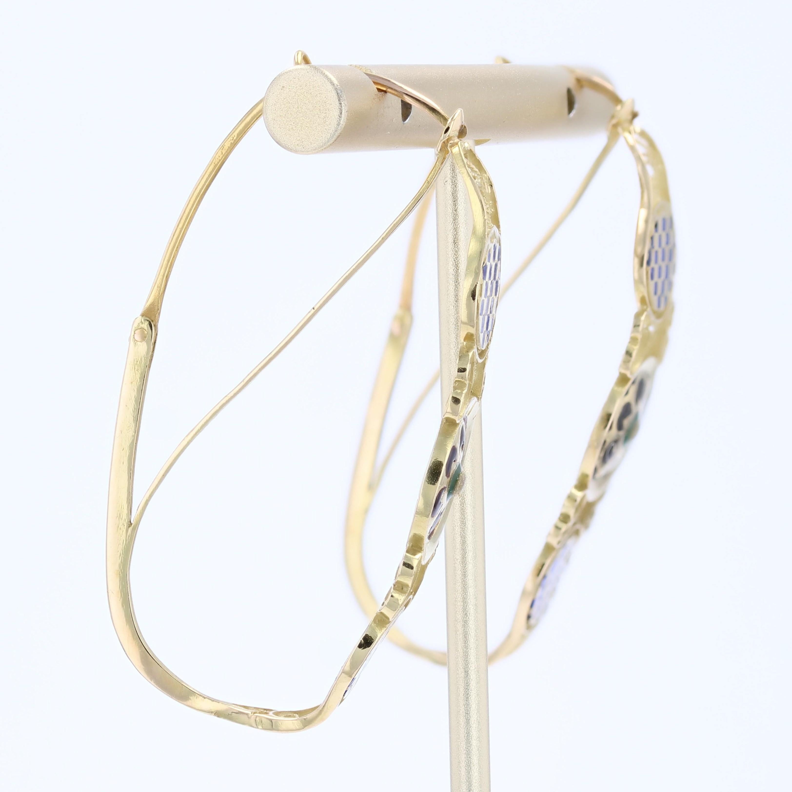 20th Century Enamel 18 Karat Yellow Gold Poissardes Hoop Earrings im Angebot 3