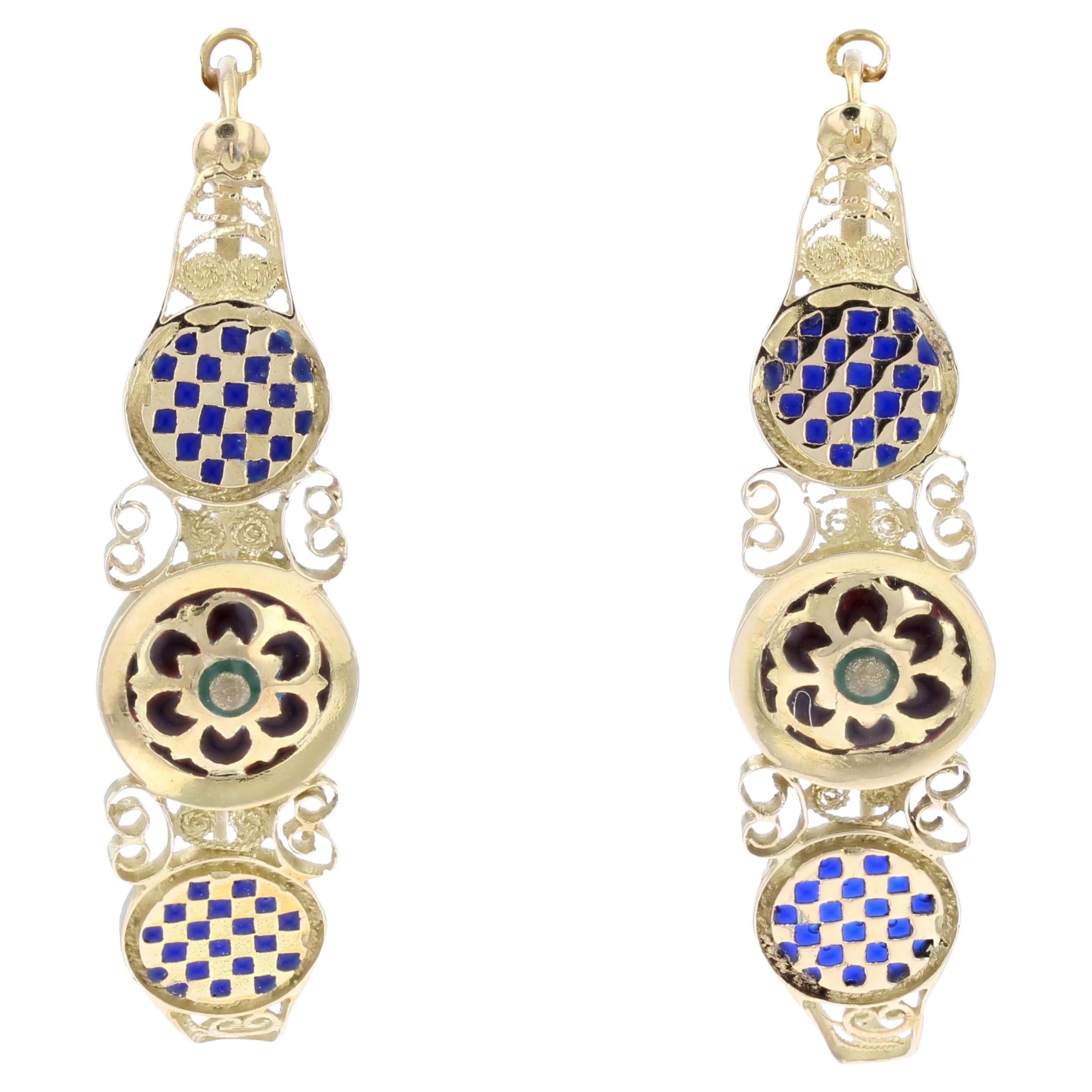 20th Century Enamel 18 Karat Yellow Gold Poissardes Hoop Earrings
