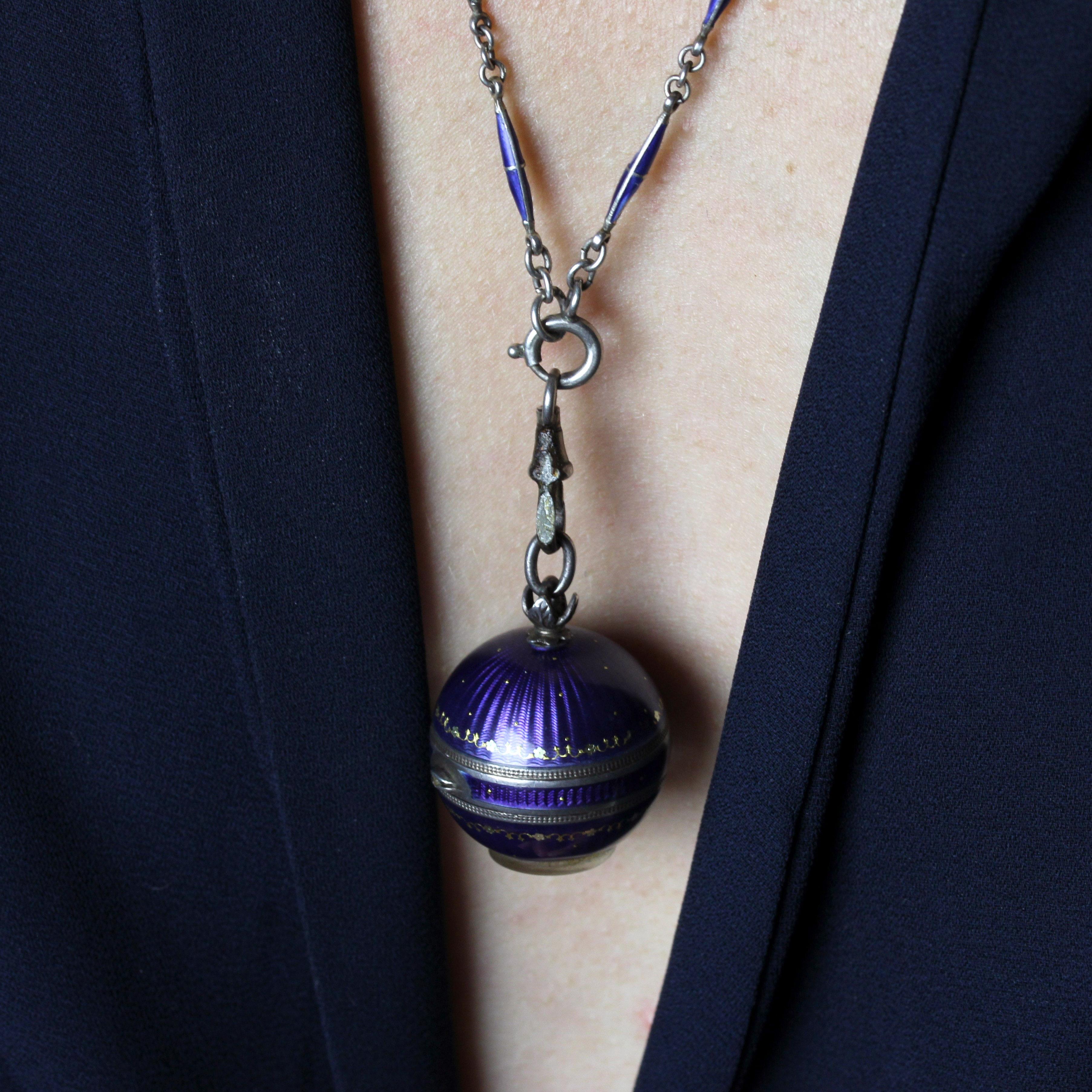 20th Century Enamel Silver Boule de Geneve Watch Pendant Necklace For Sale 6