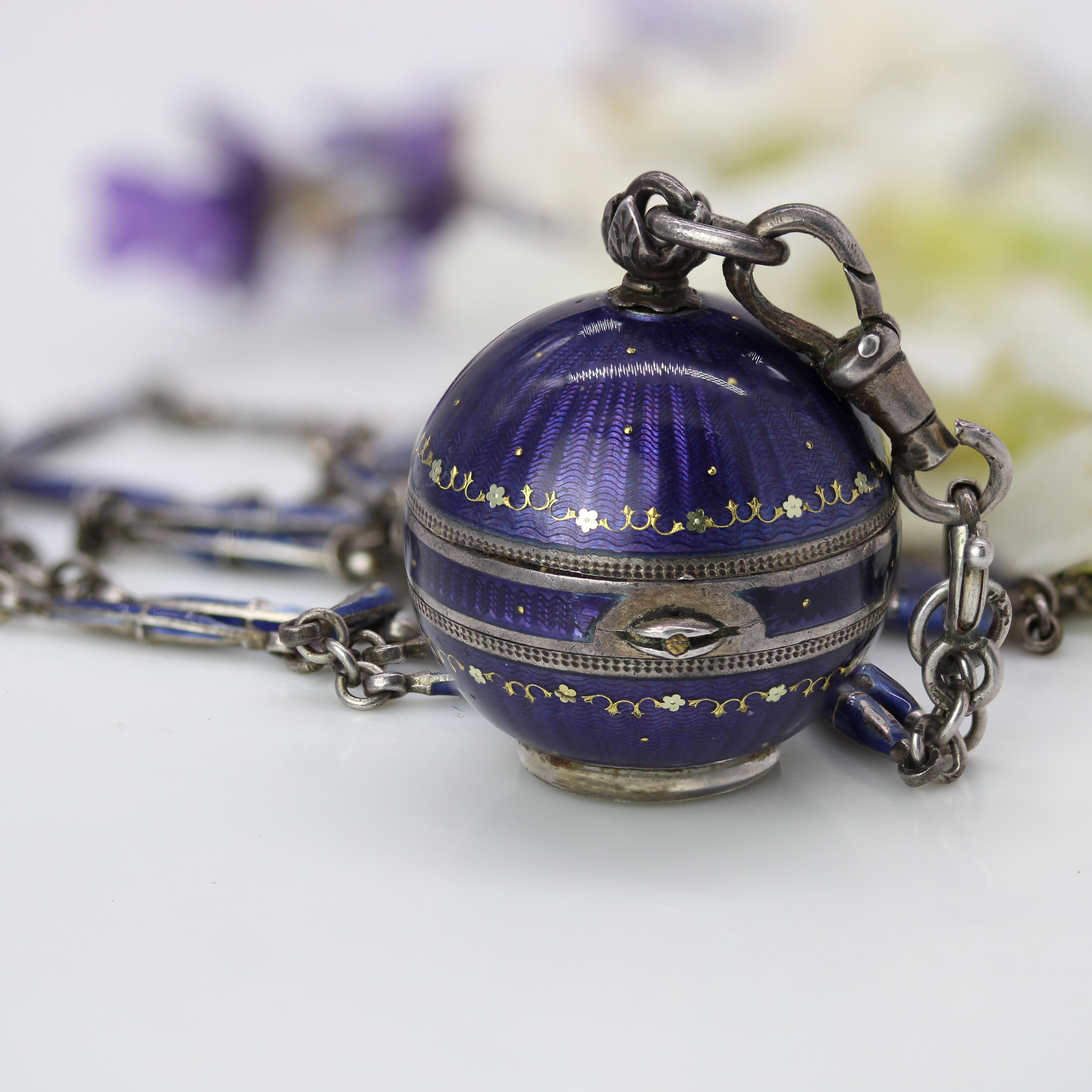 20th Century Enamel Silver Boule de Geneve Watch Pendant Necklace For Sale 7