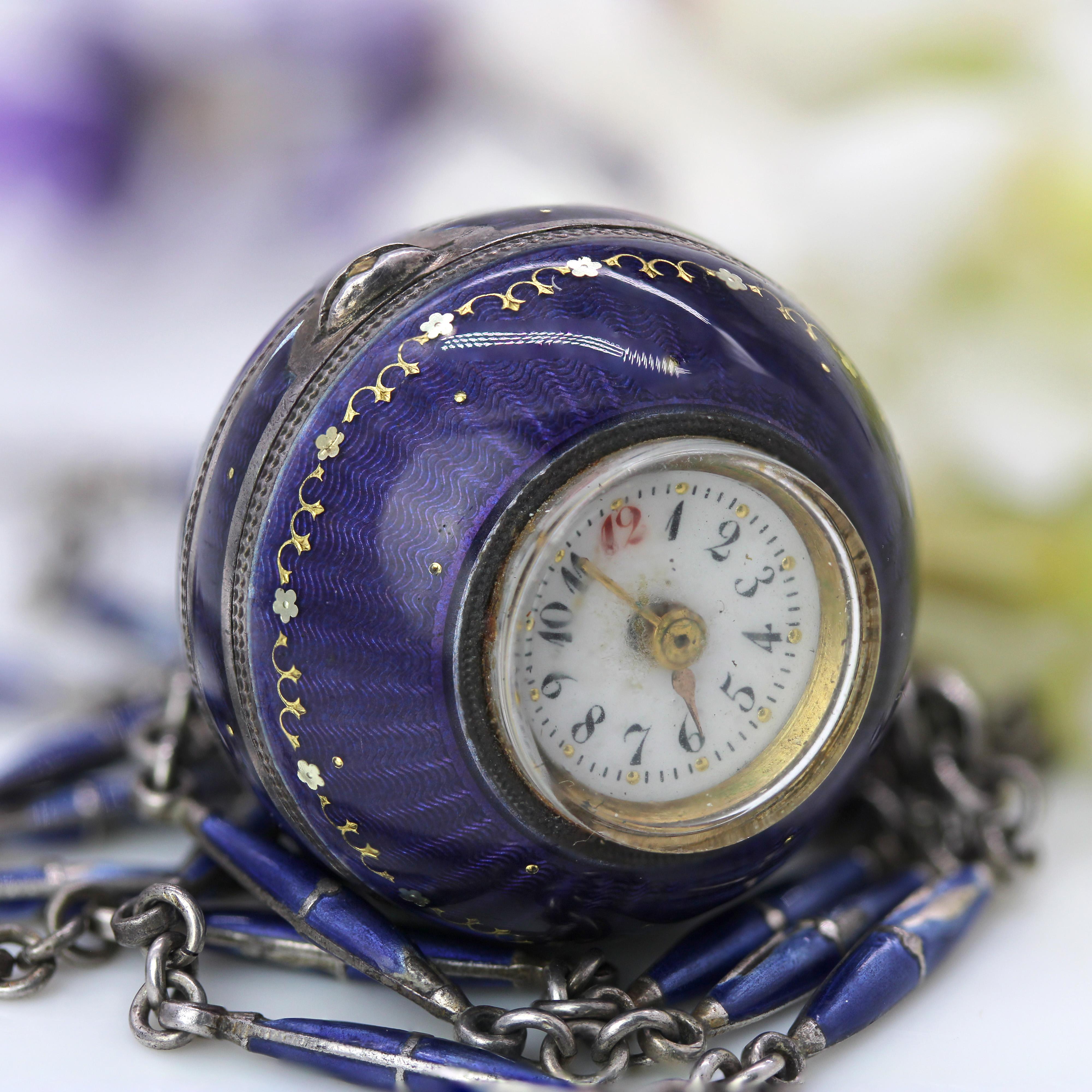 20th Century Enamel Silver Boule de Geneve Watch Pendant Necklace For Sale 8