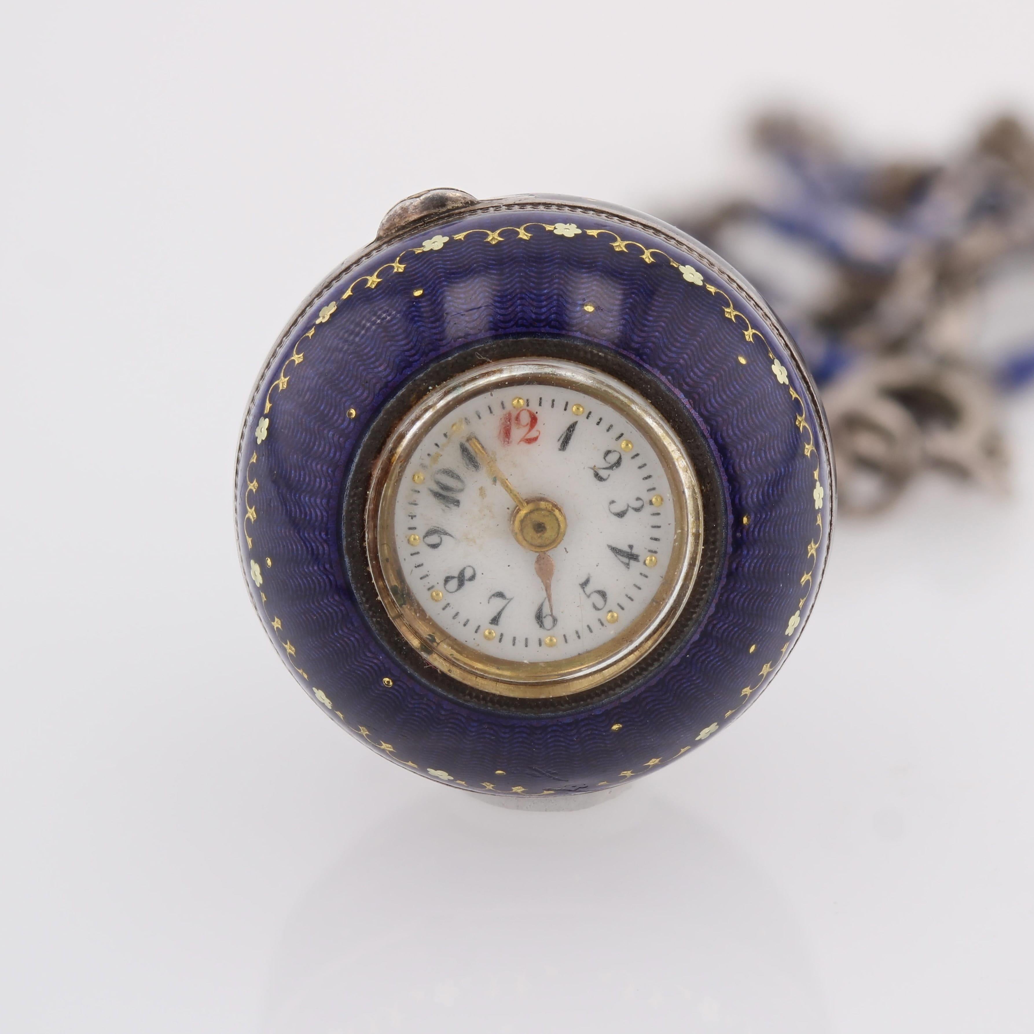 20th Century Enamel Silver Boule de Geneve Watch Pendant Necklace For Sale 9