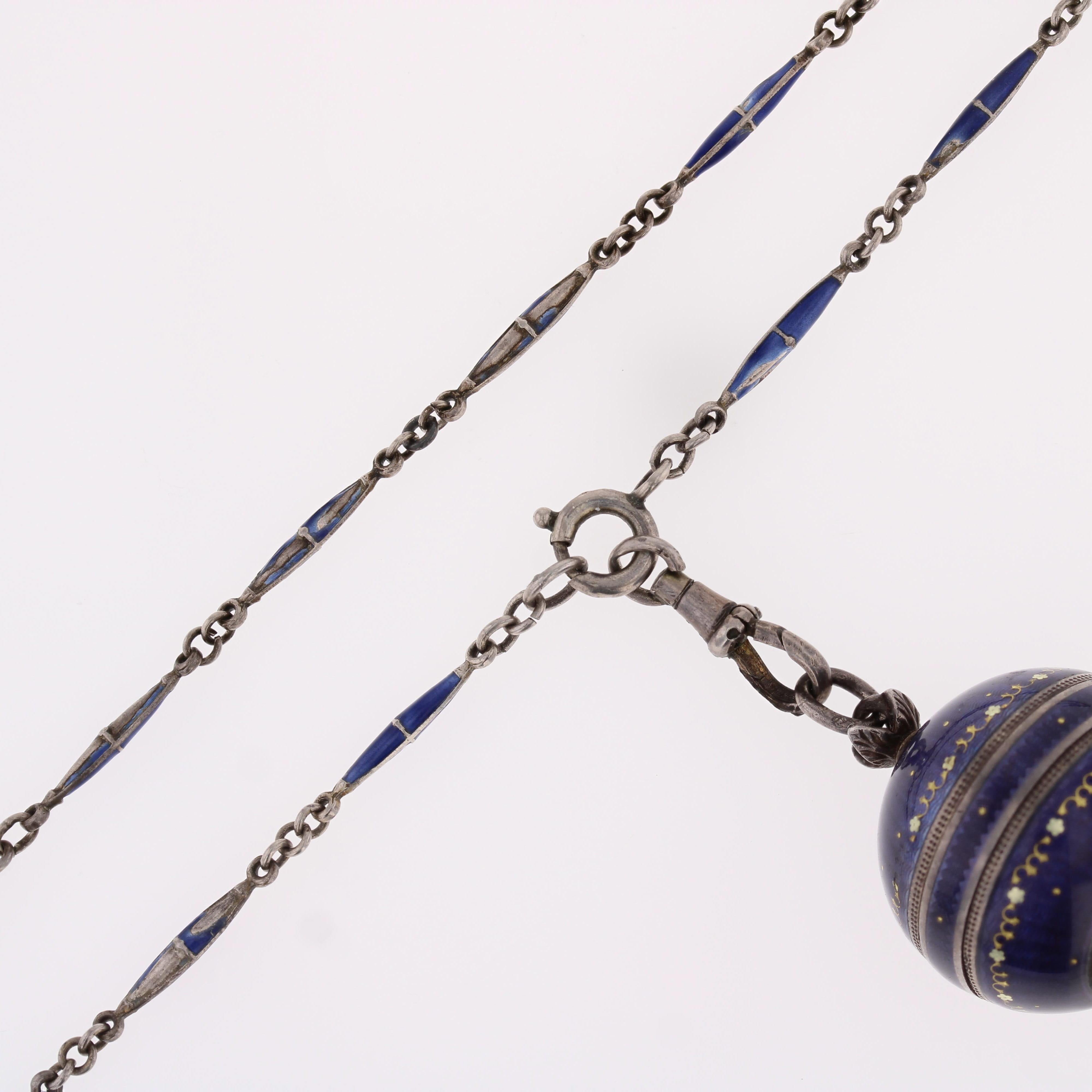 20th Century Enamel Silver Boule de Geneve Watch Pendant Necklace For Sale 10