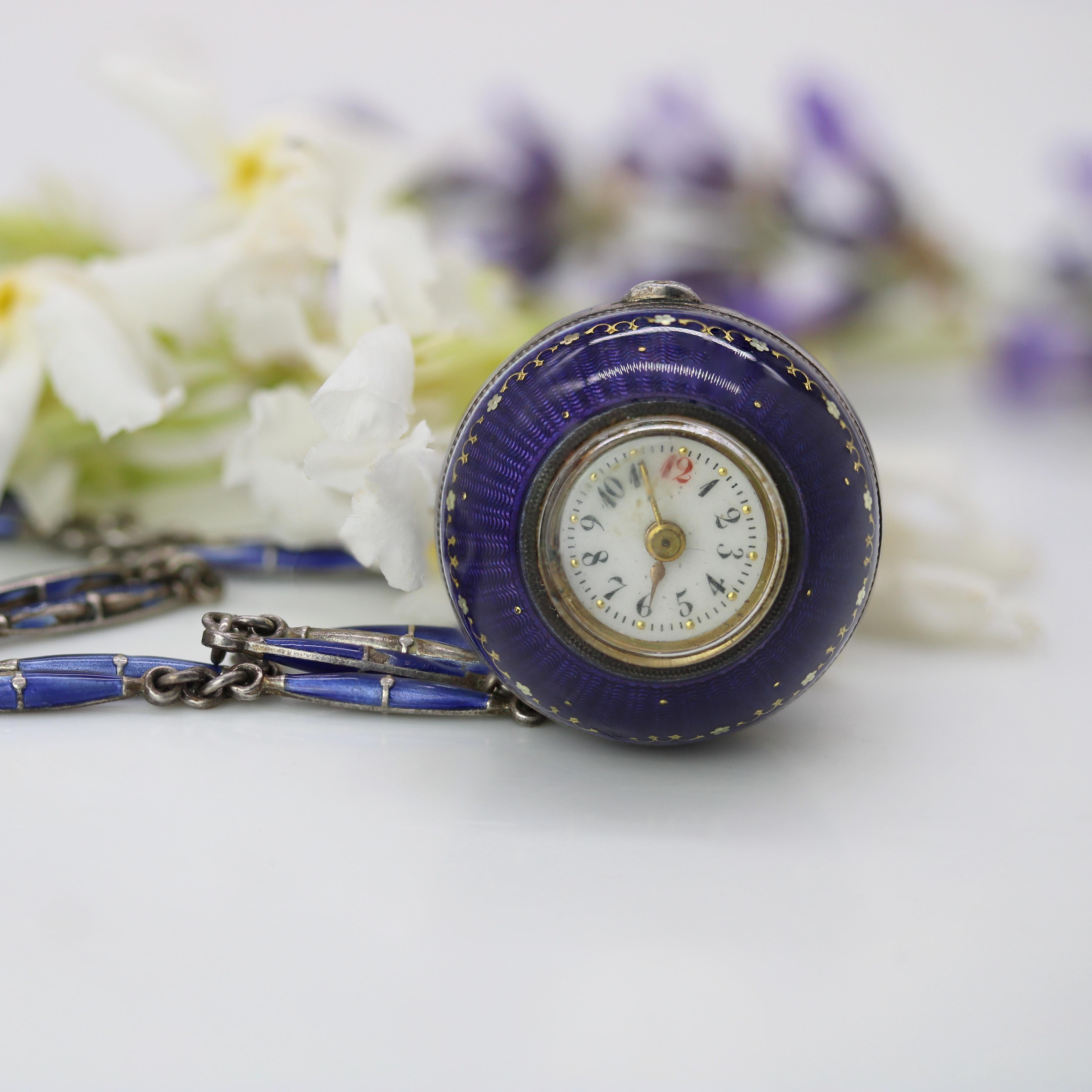 Belle Époque 20th Century Enamel Silver Boule de Geneve Watch Pendant Necklace For Sale