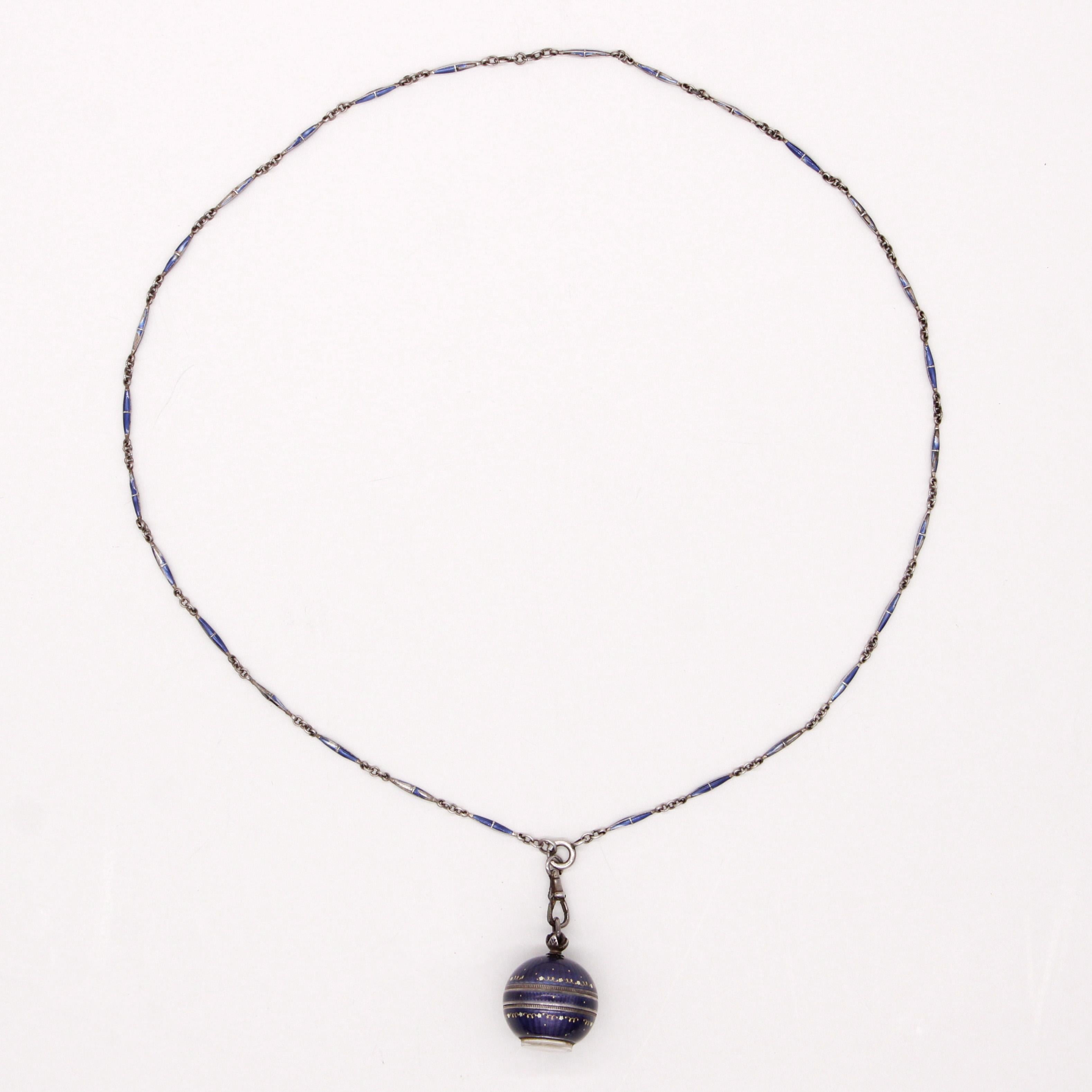 20th Century Enamel Silver Boule de Geneve Watch Pendant Necklace In Fair Condition For Sale In Poitiers, FR