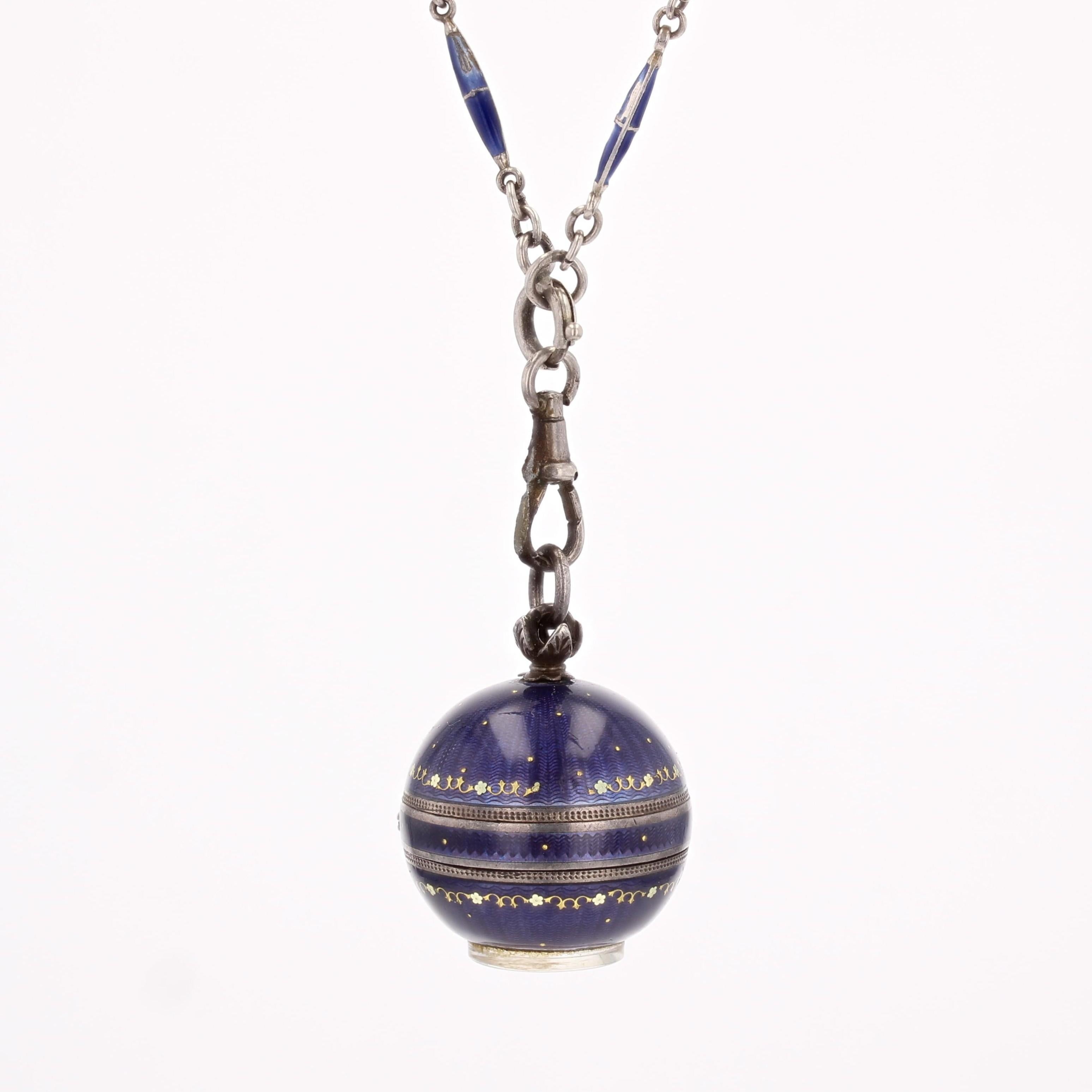 20th Century Enamel Silver Boule de Geneve Watch Pendant Necklace For Sale 1