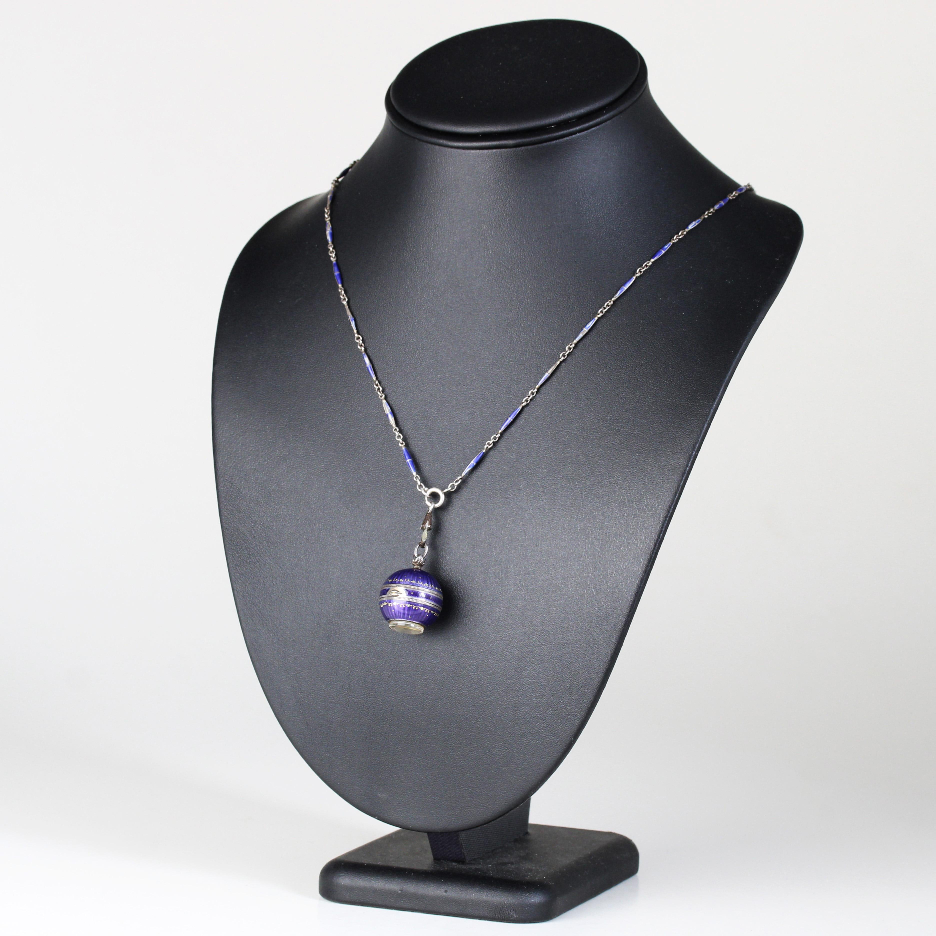 20th Century Enamel Silver Boule de Geneve Watch Pendant Necklace For Sale 3