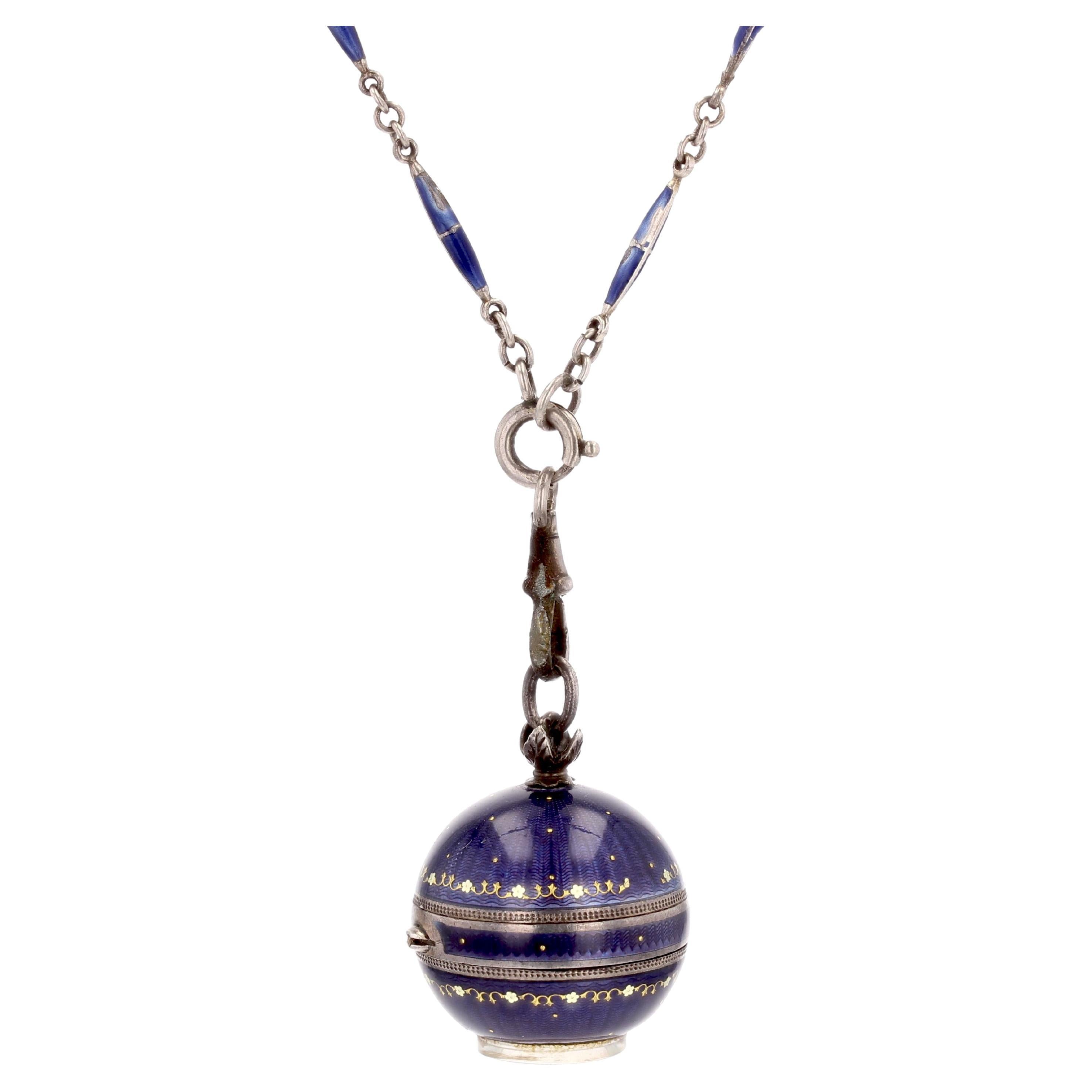 20th Century Enamel Silver Boule de Geneve Watch Pendant Necklace For Sale