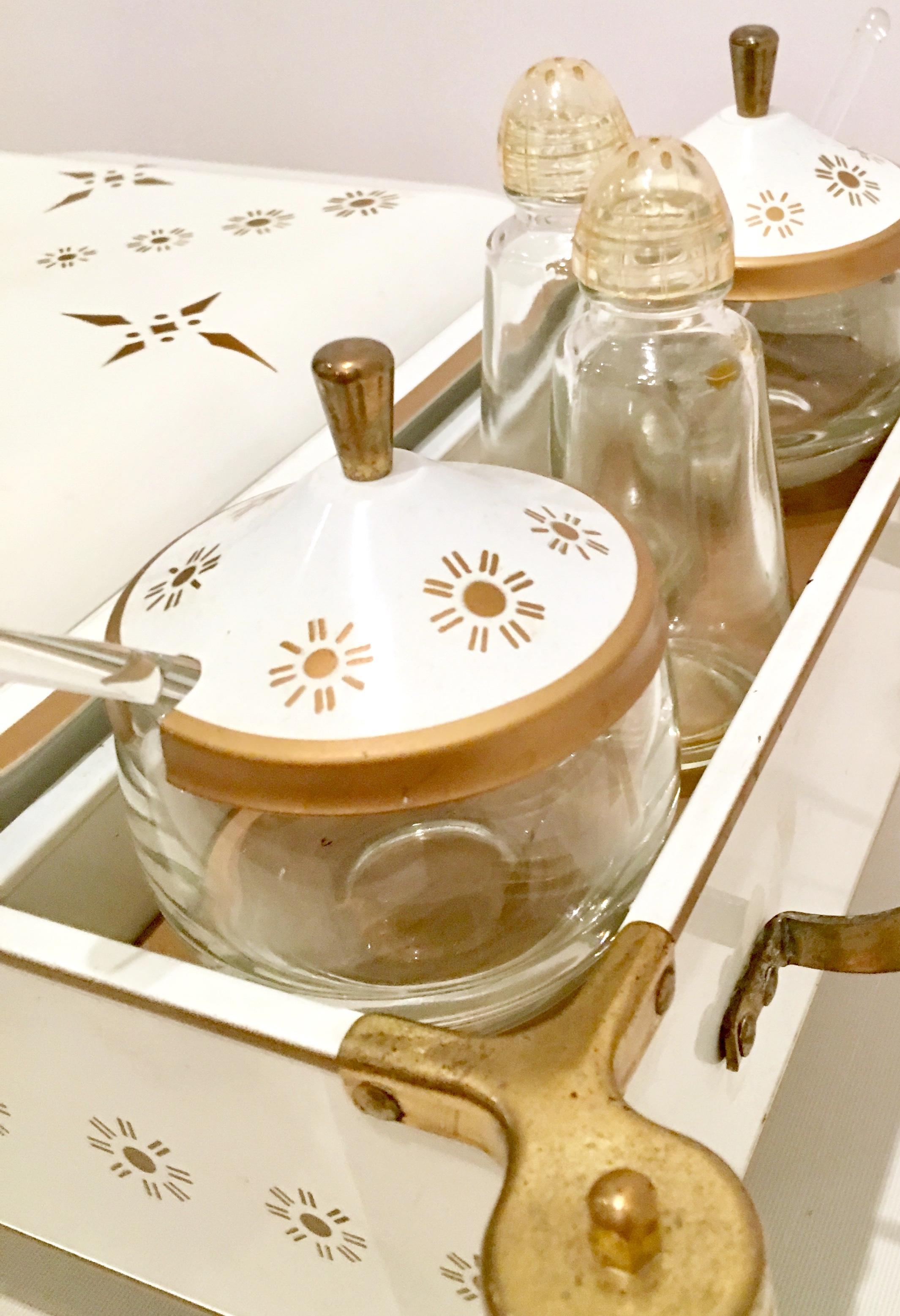20th Century Enameled Metal and Brass Chafing Dish by, Fire King Set of 11 1