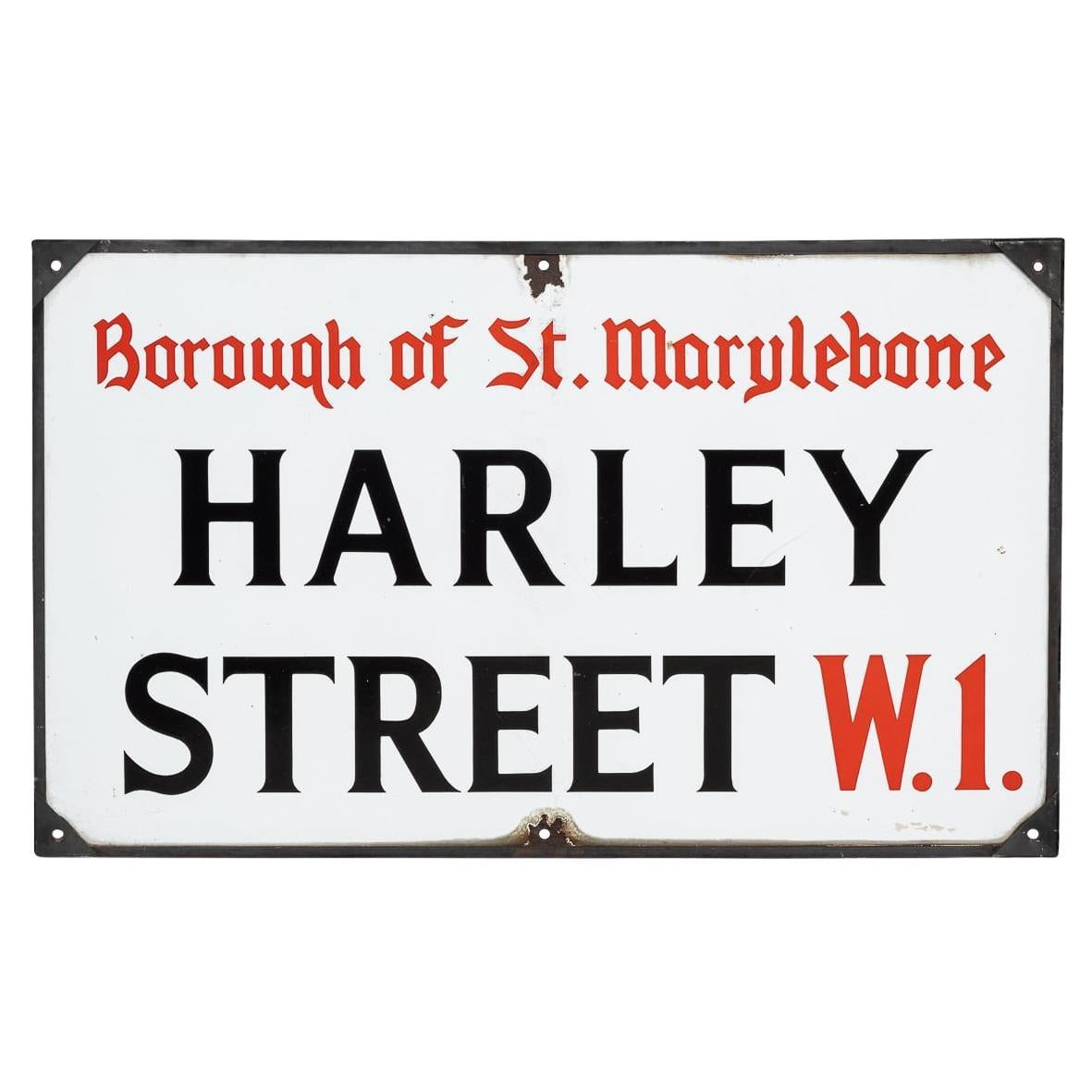 20th Century Enamelled Metal London Street Sign For Harley Street c.1930