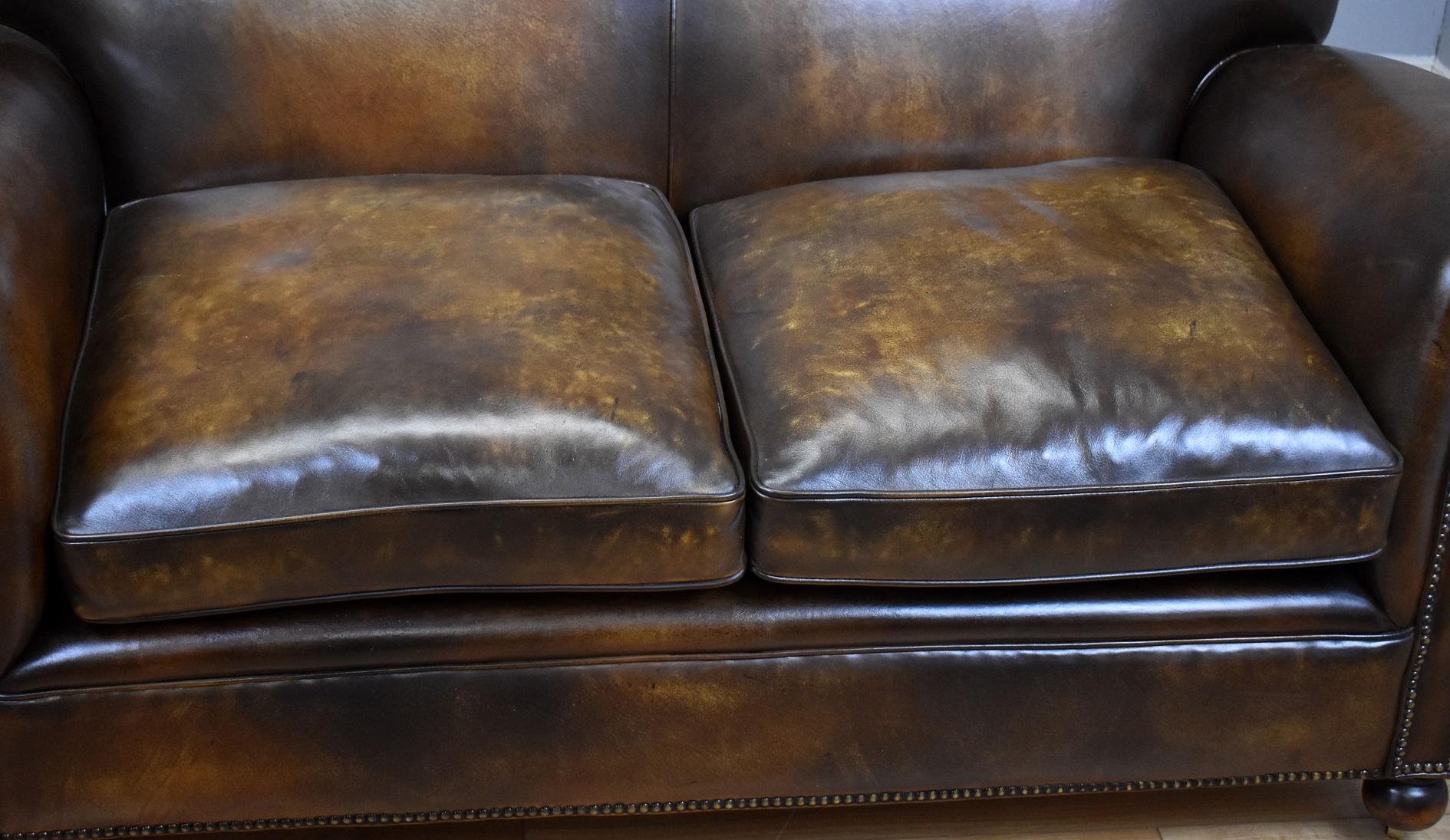 20th Century English Antique Hand Dyed Brown Leather Sofa 1