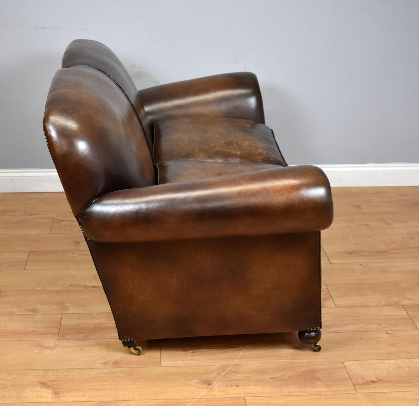 20th Century English Antique Hand Dyed Brown Leather Sofa 4