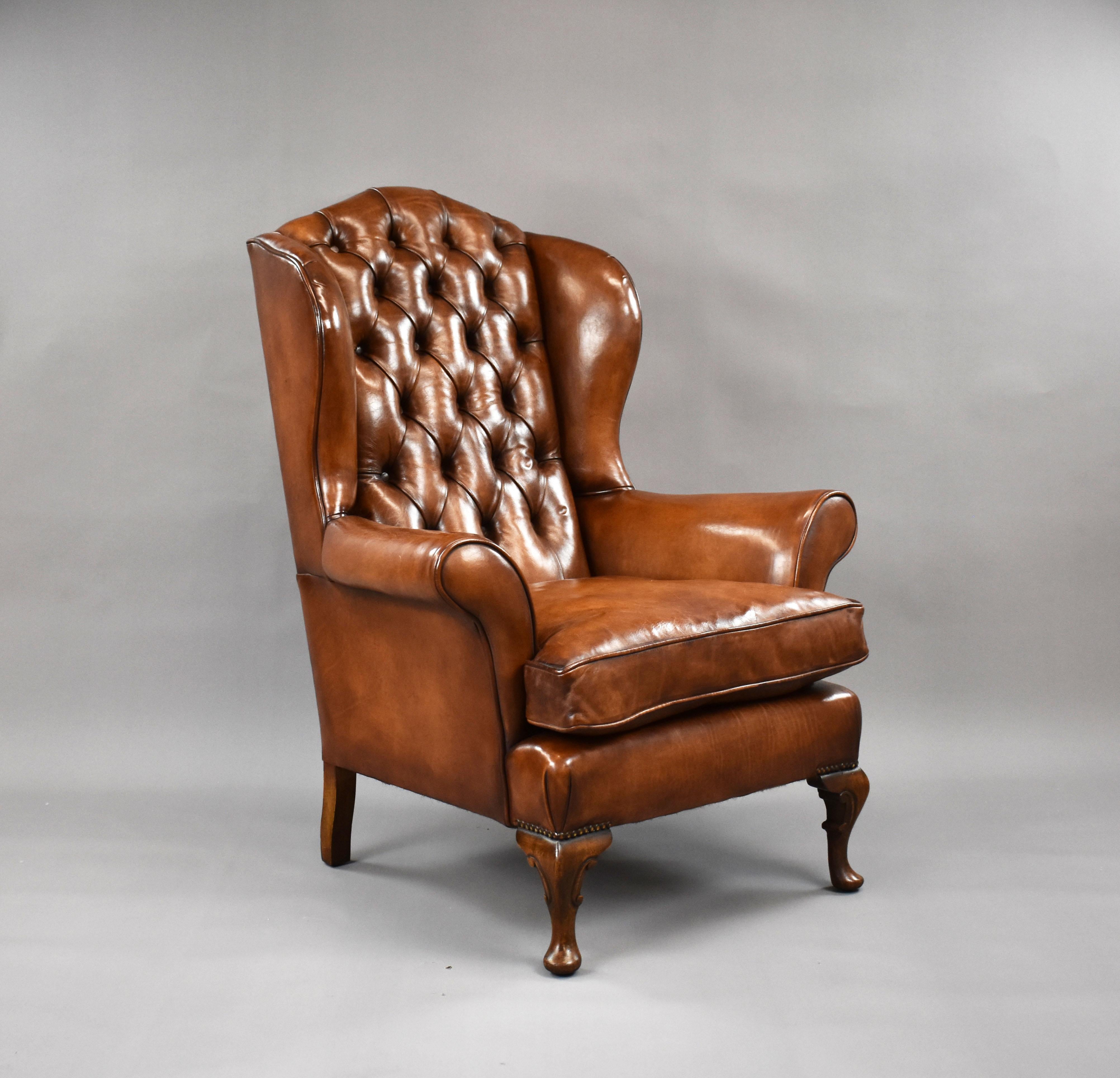 For sale is a good quality Edwardian mahogany hand dyed leather wing back armchair, having a deep buttoned back, with two scroll arms, standing on small carved cabriole legs. The chair is in very good condition for its age.

Measures: Width: 86cm,