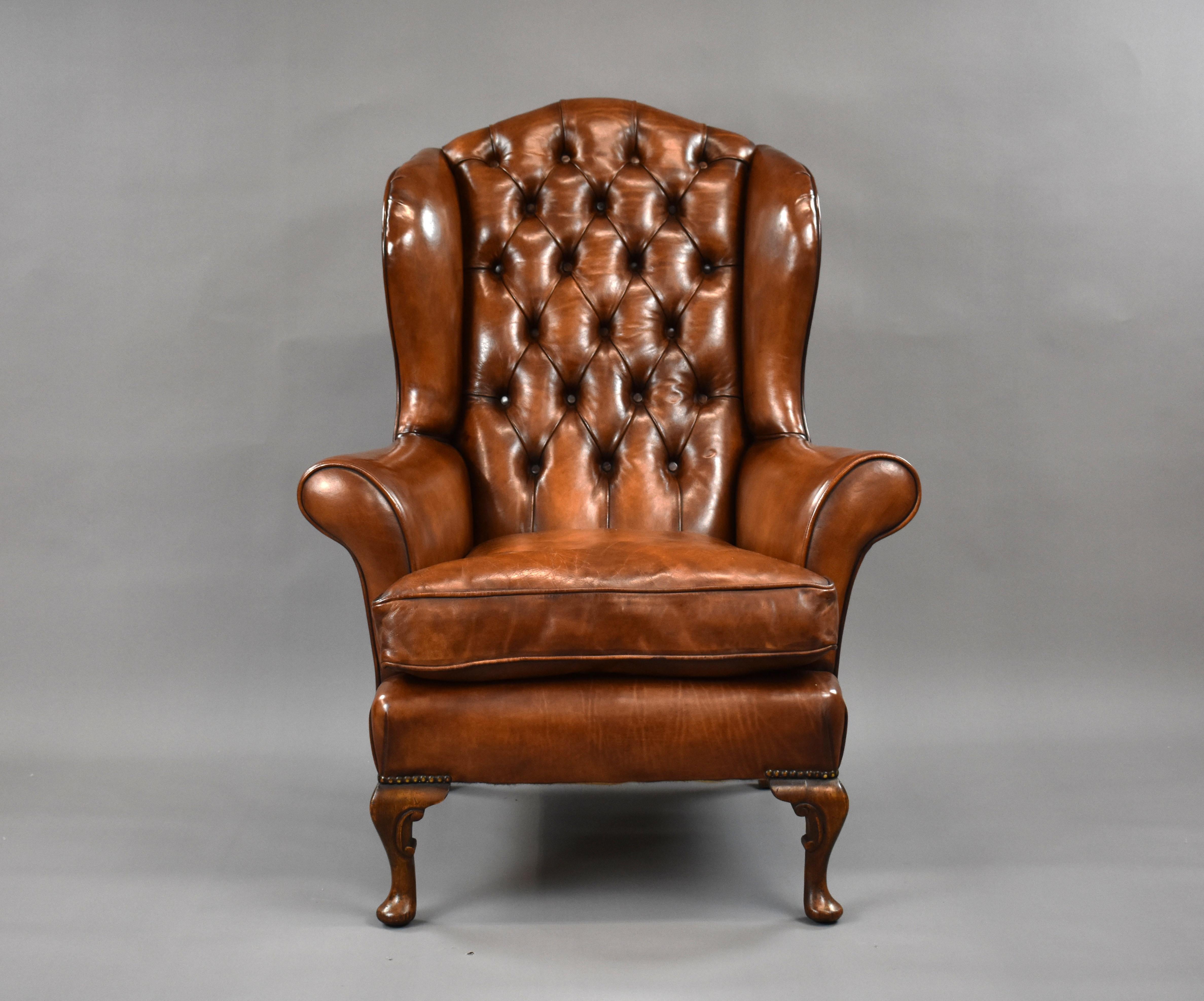 Georgian 20th Century English Antique Hand Dyed Leather Wing Back Armchair
