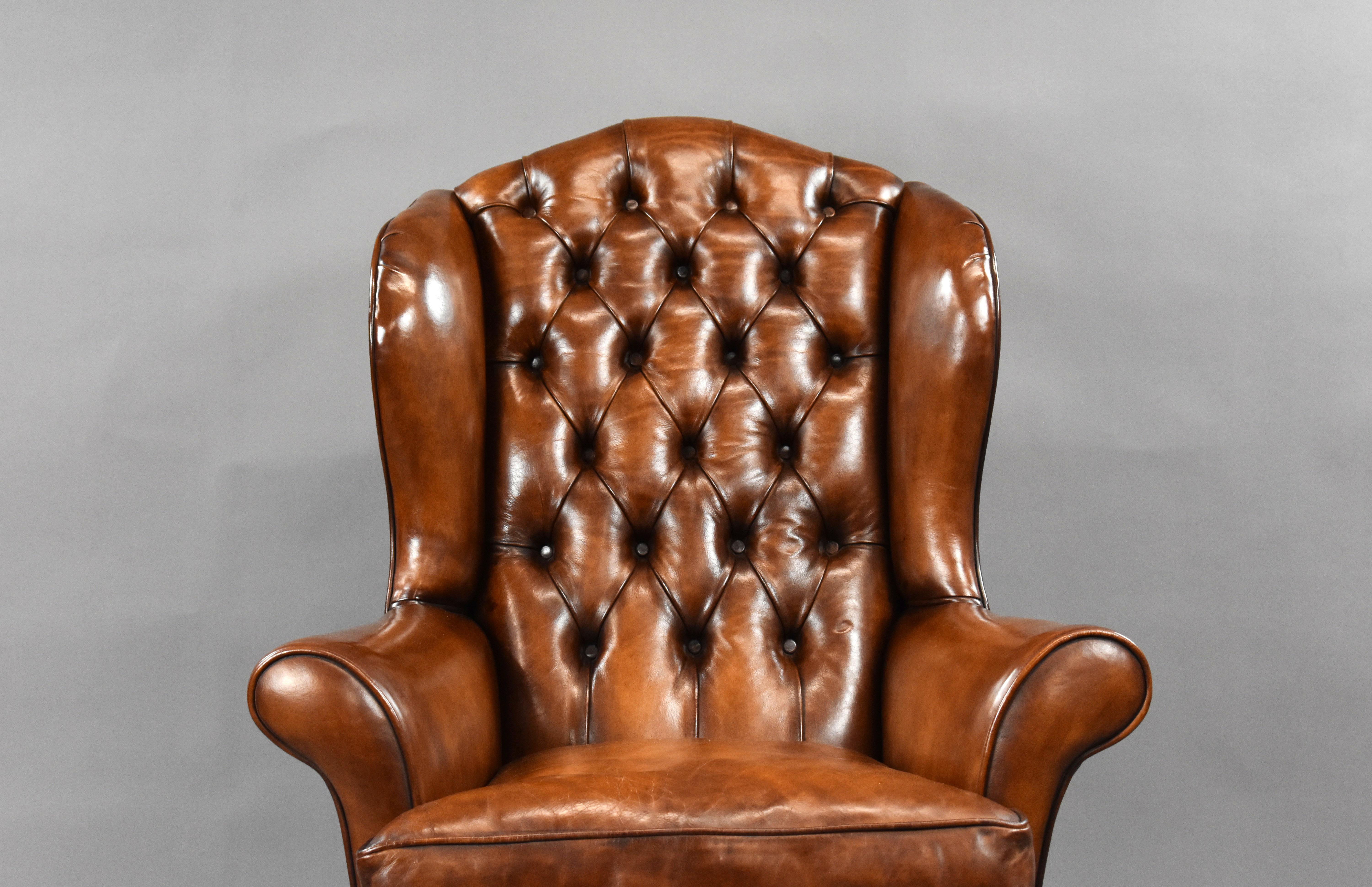 20th Century English Antique Hand Dyed Leather Wing Back Armchair In Good Condition In Chelmsford, Essex