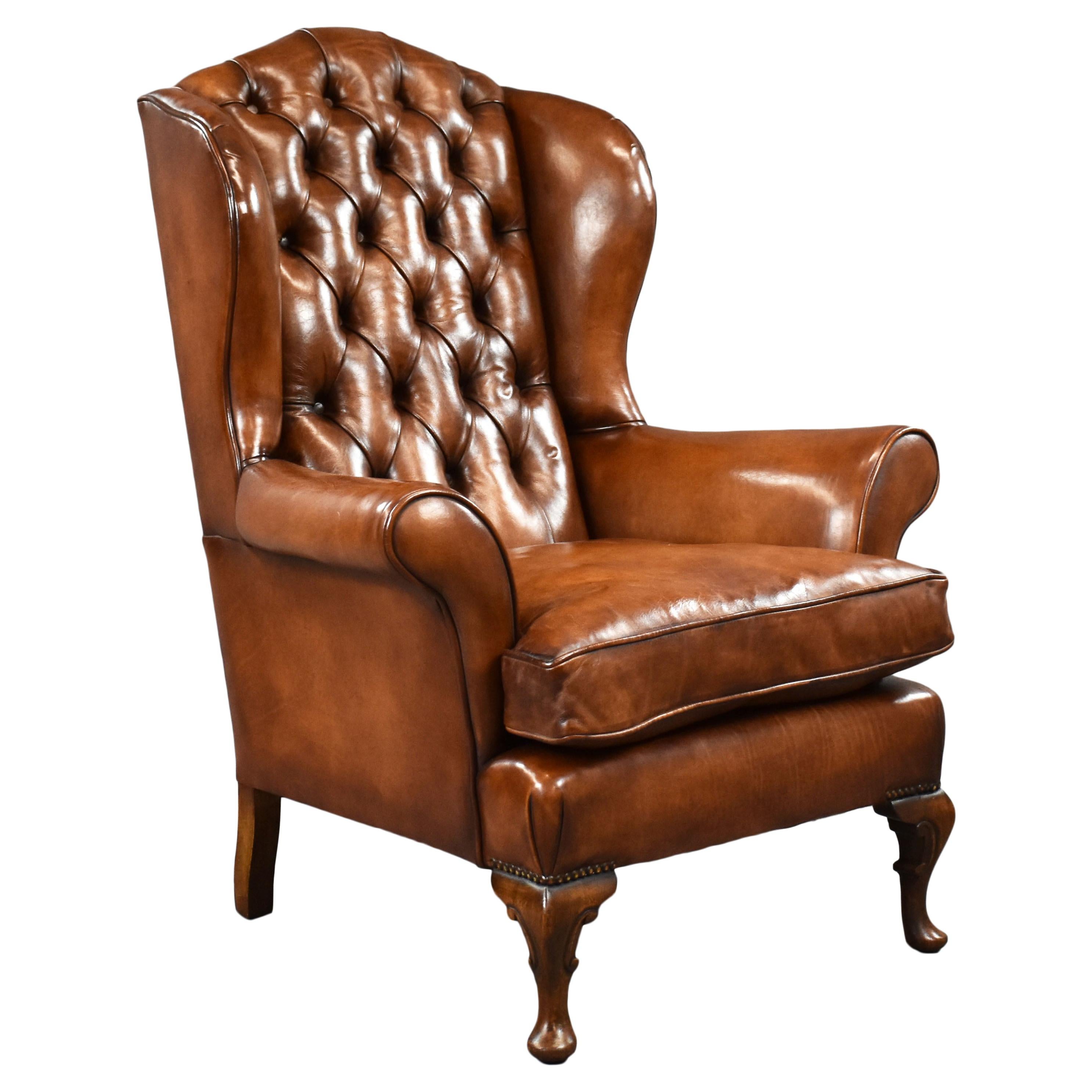 20th Century English Antique Hand Dyed Leather Wing Back Armchair