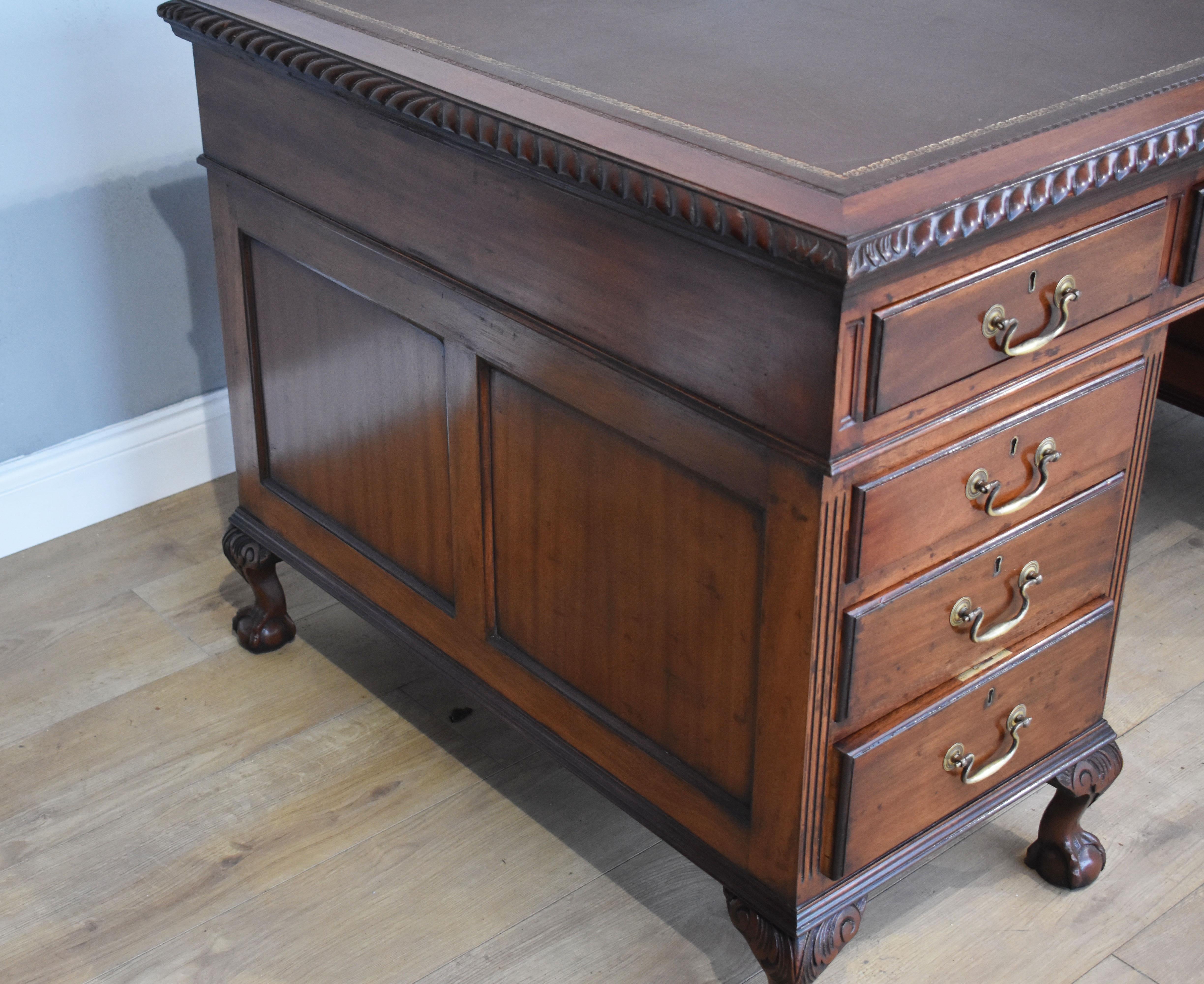 20th Century English Antique Mahogany Chippendale Style Pedestal Desk 2